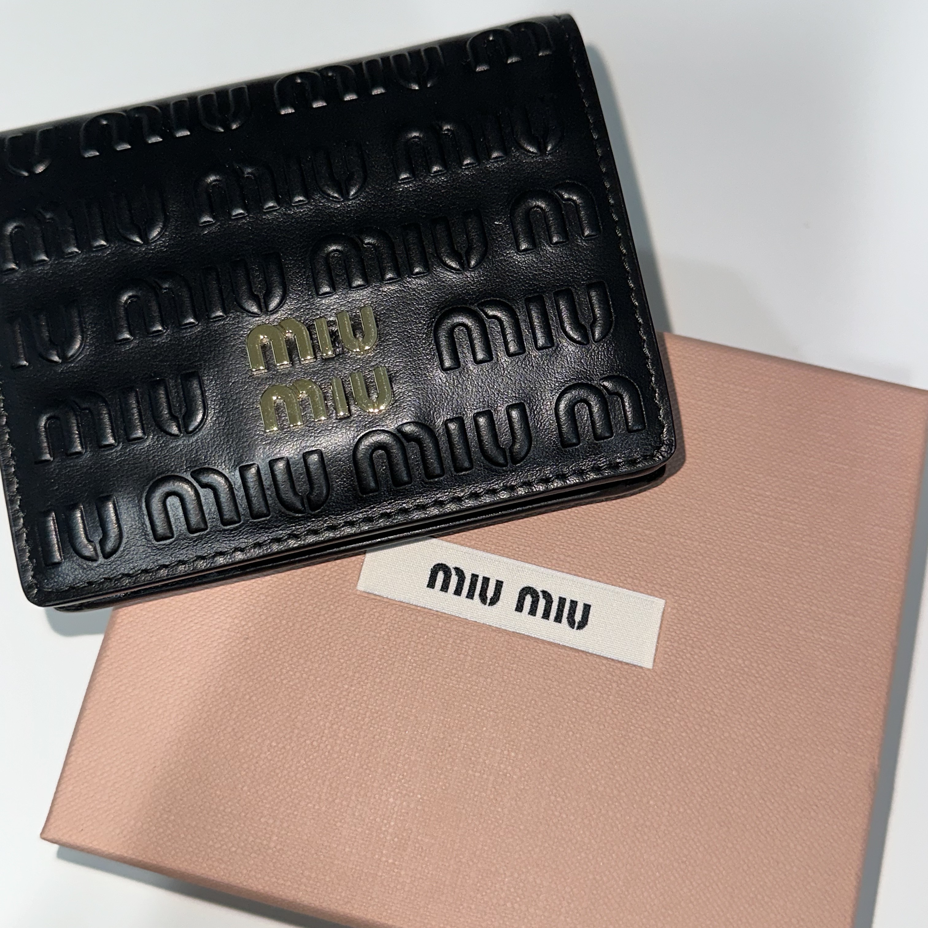 Miu Miu Embossed Lettering Logo Small Leather Wallet Black 착용 스타일