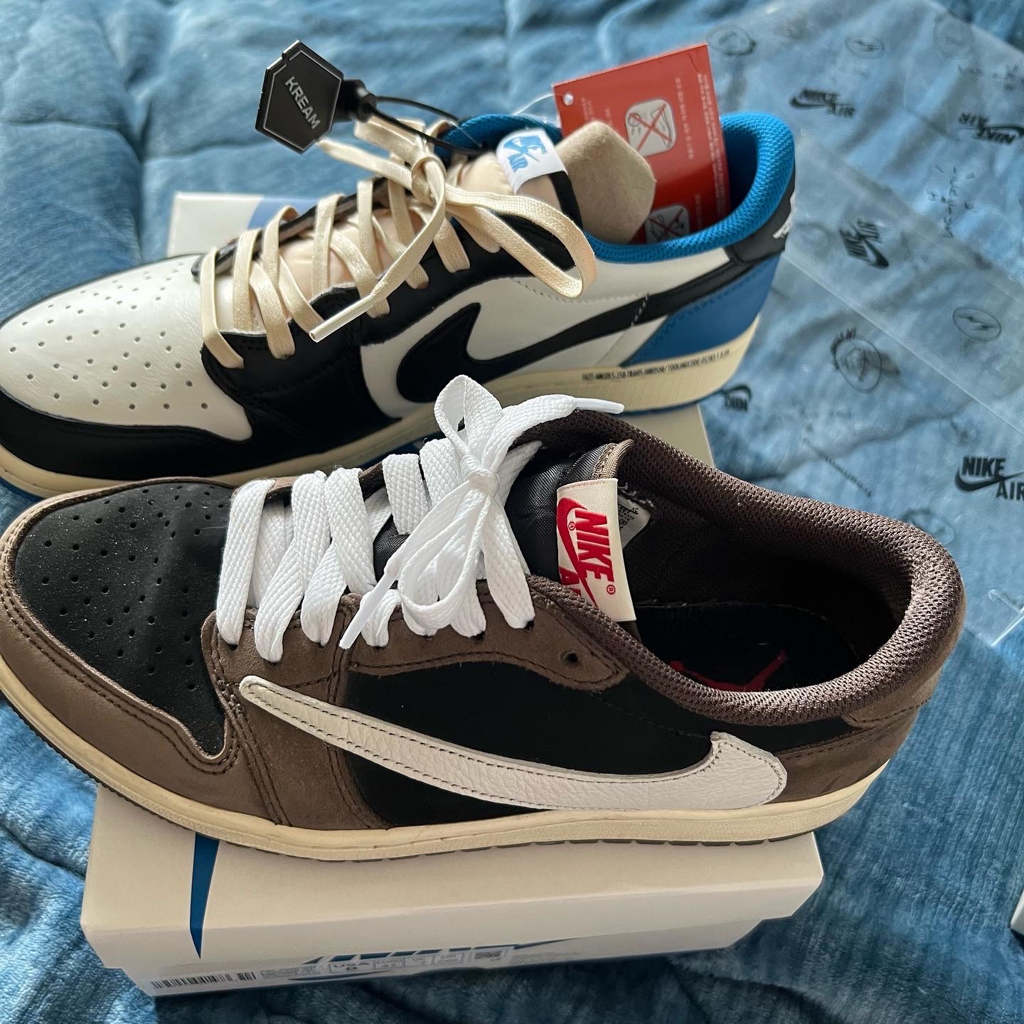 Jordan 1 x Travis Scott x Fragment Retro Low OG SP Military Blue, Jordan 1 x Travis Scott Retro Low OG SP Mocha 착용 스타일