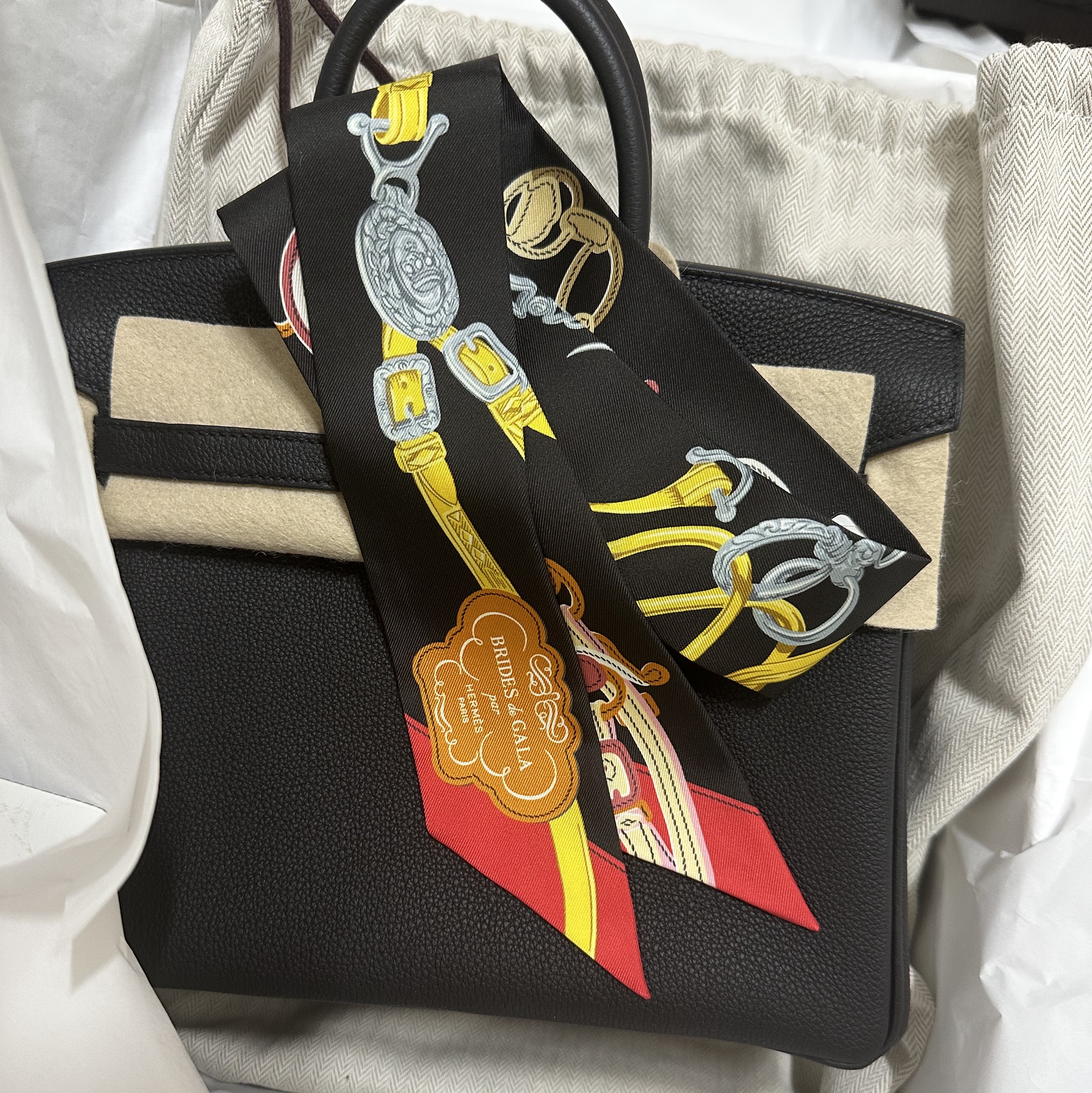 (W) Hermes Brides de Gala Applique Pique Twilly Ebene Jaune Dor Rouge 착용 스타일