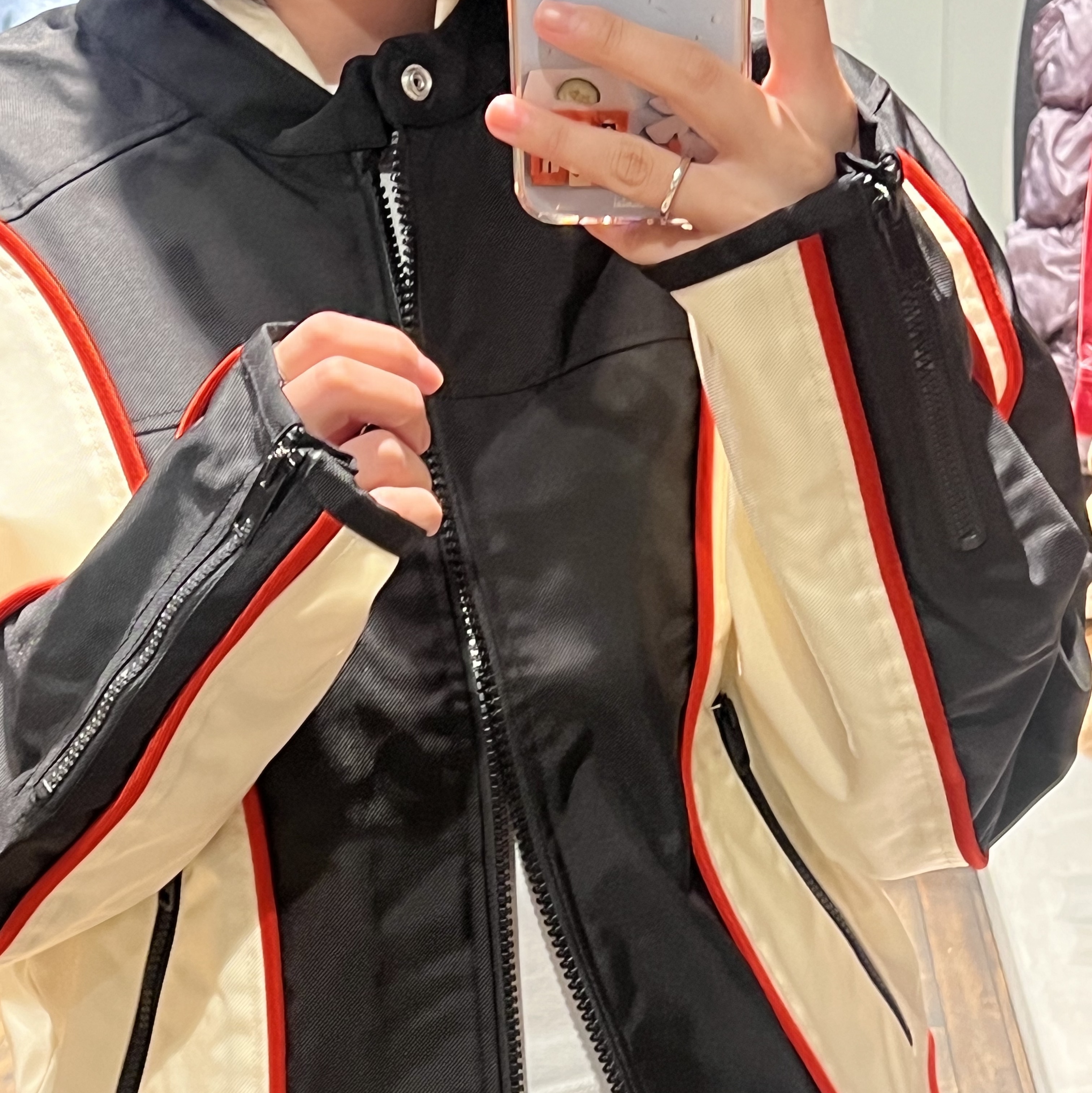 Diesel J-Blink Biker Jacket in Colour-Block Nylon Black White 착용 스타일