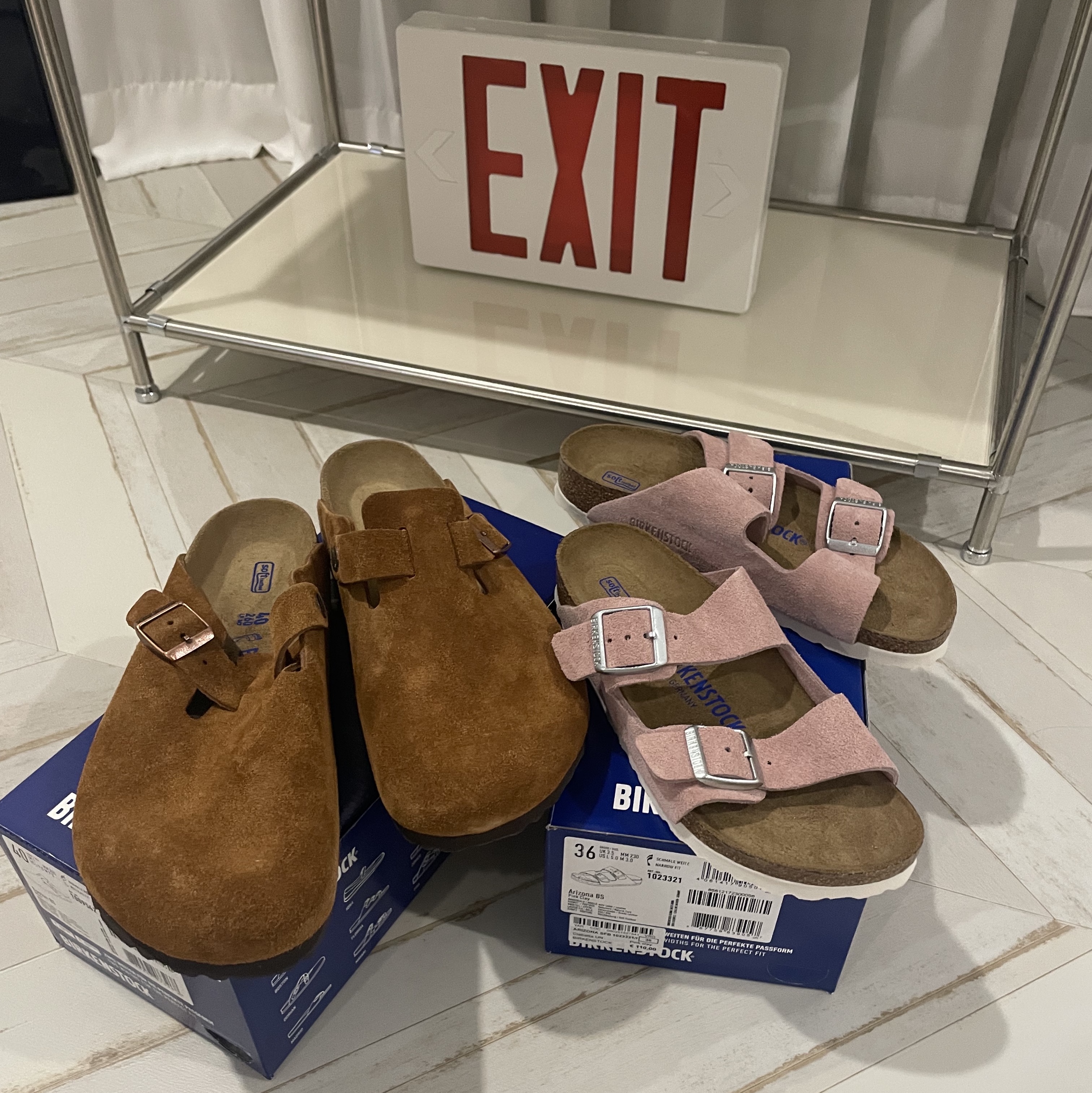 Birkenstock Boston Soft Footbed Mink - Regular, Birkenstock Arizona Essentials Eva White - Narrow 착용 스타일