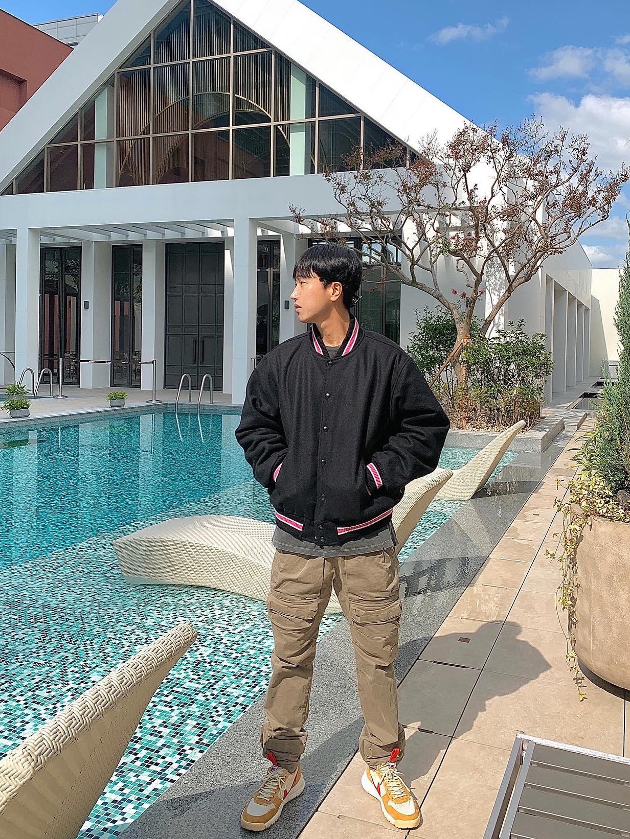 Stussy S Talk Melton Varsity Jacket Black, Grailz Flight Pocket Pants Tan 착용 스타일 - 3
