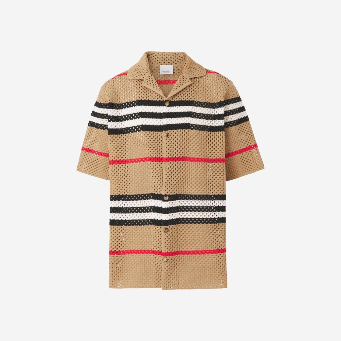 Burberry Malet Short Sleeve Icon Stripe Pointelle Knit Shirt Camel 상세 이미지 1