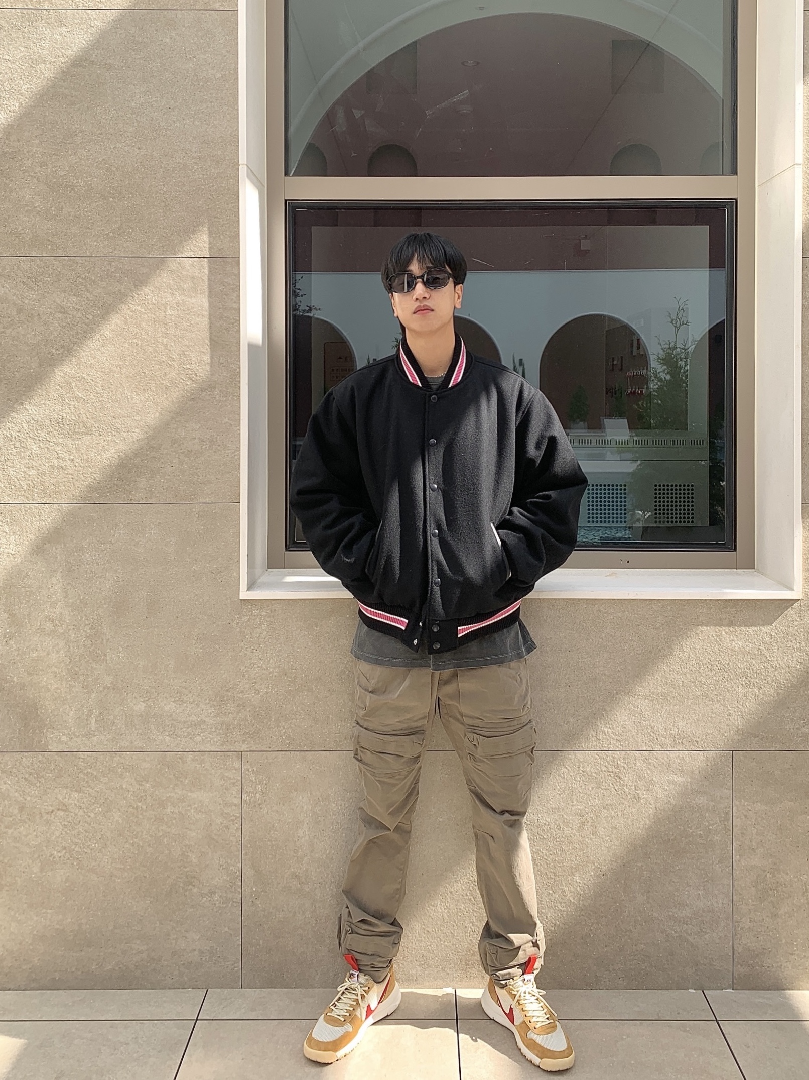 Stussy S Talk Melton Varsity Jacket Black, Grailz Flight Pocket Pants Tan 착용 스타일 - 5