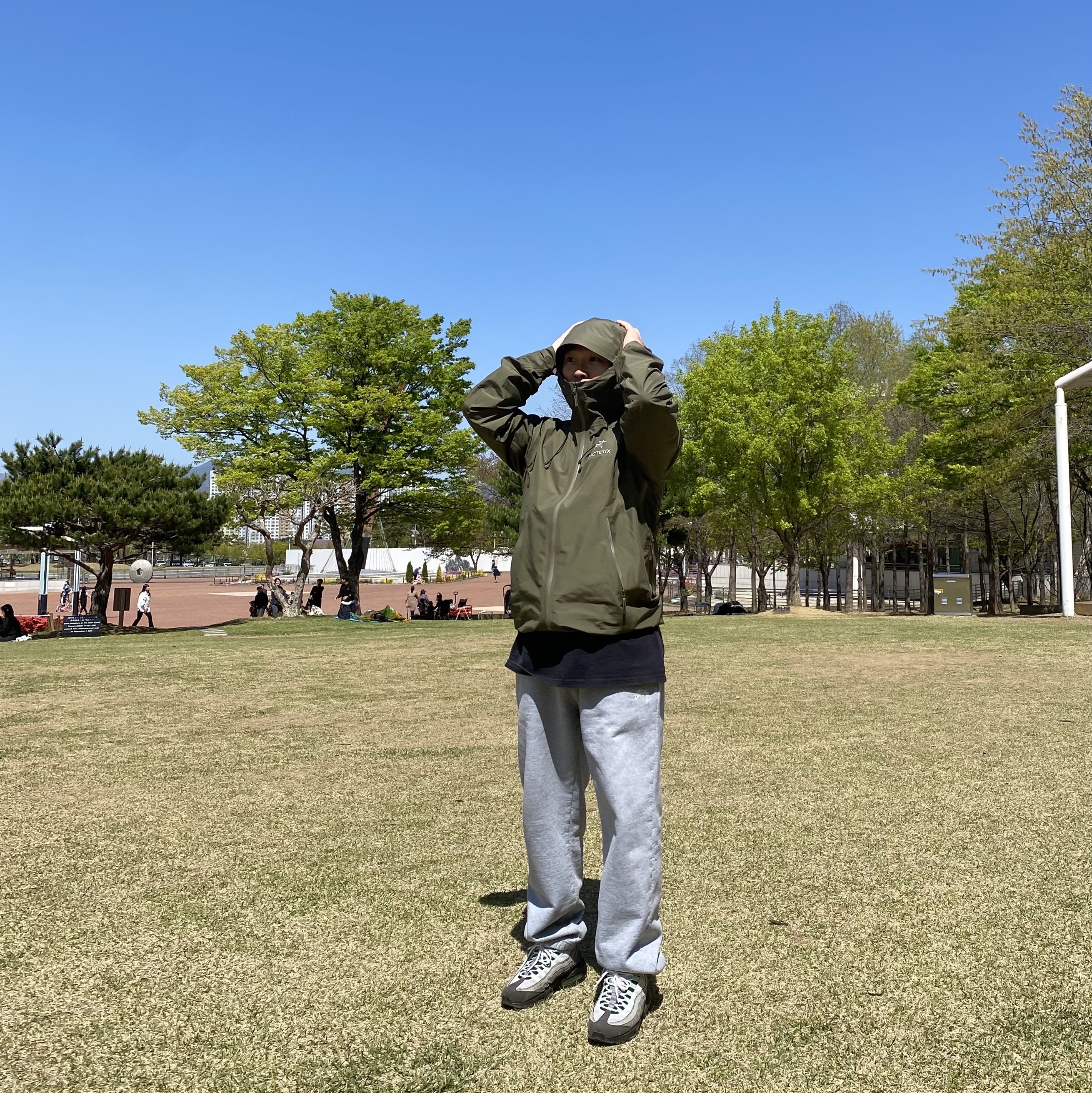 Arc'teryx Beta LT Jacket Tatsu, Stussy Stock Logo Pants Grey Heather 착용 스타일 - 2