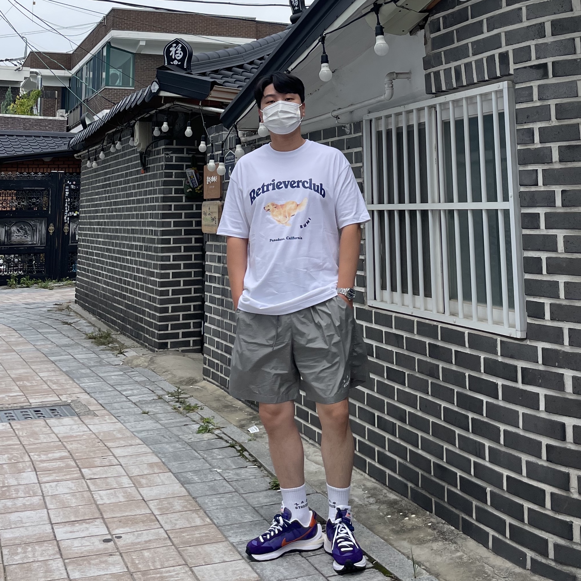 IAB Studio Woven Shorts Gray, Nike x Sacai VaporWaffle Dark Iris 착용 스타일