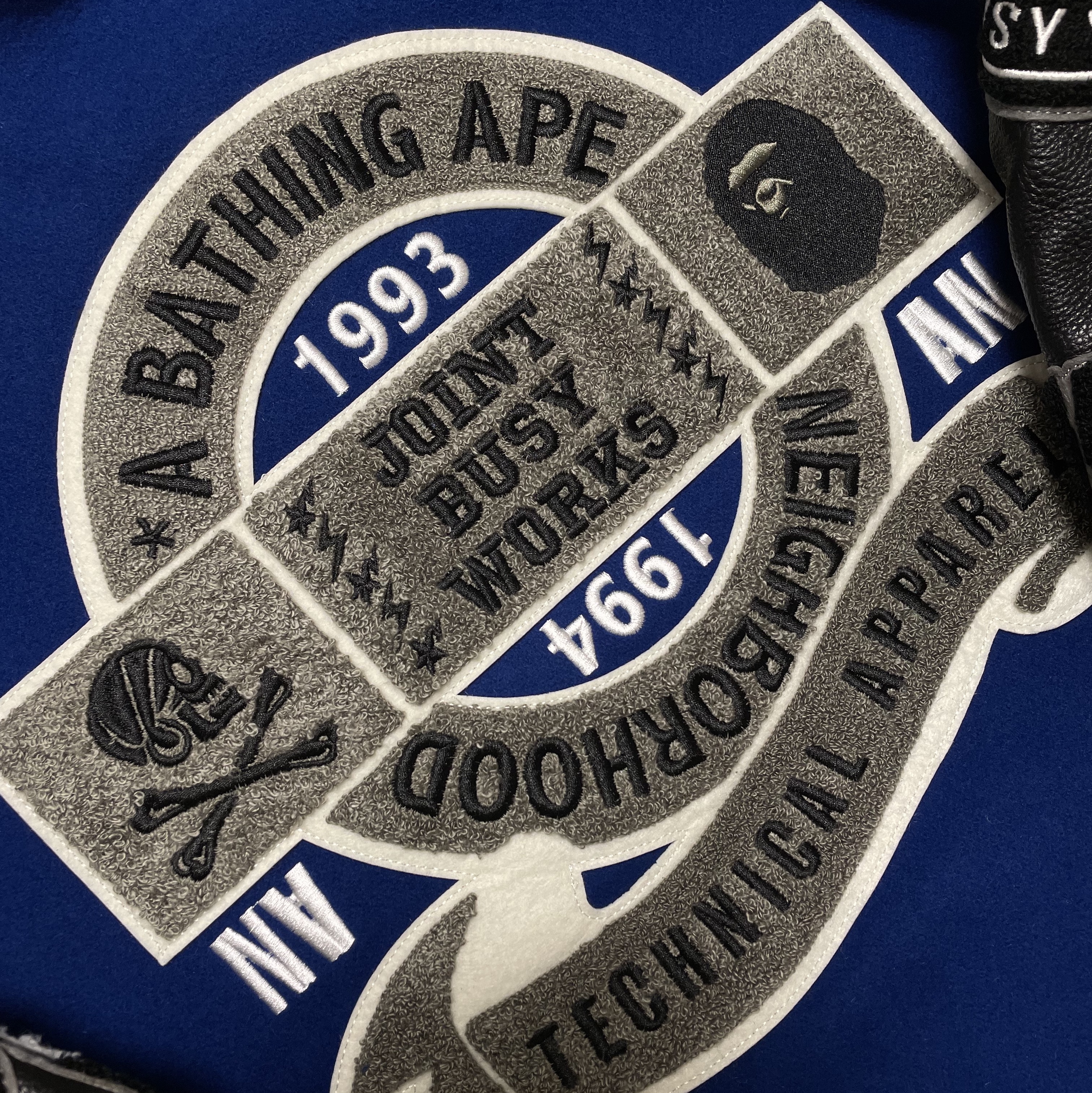 BAPE x Neighborhood Varsity Jacket Blue Black - Neighborhood Exclusive 착용 스타일