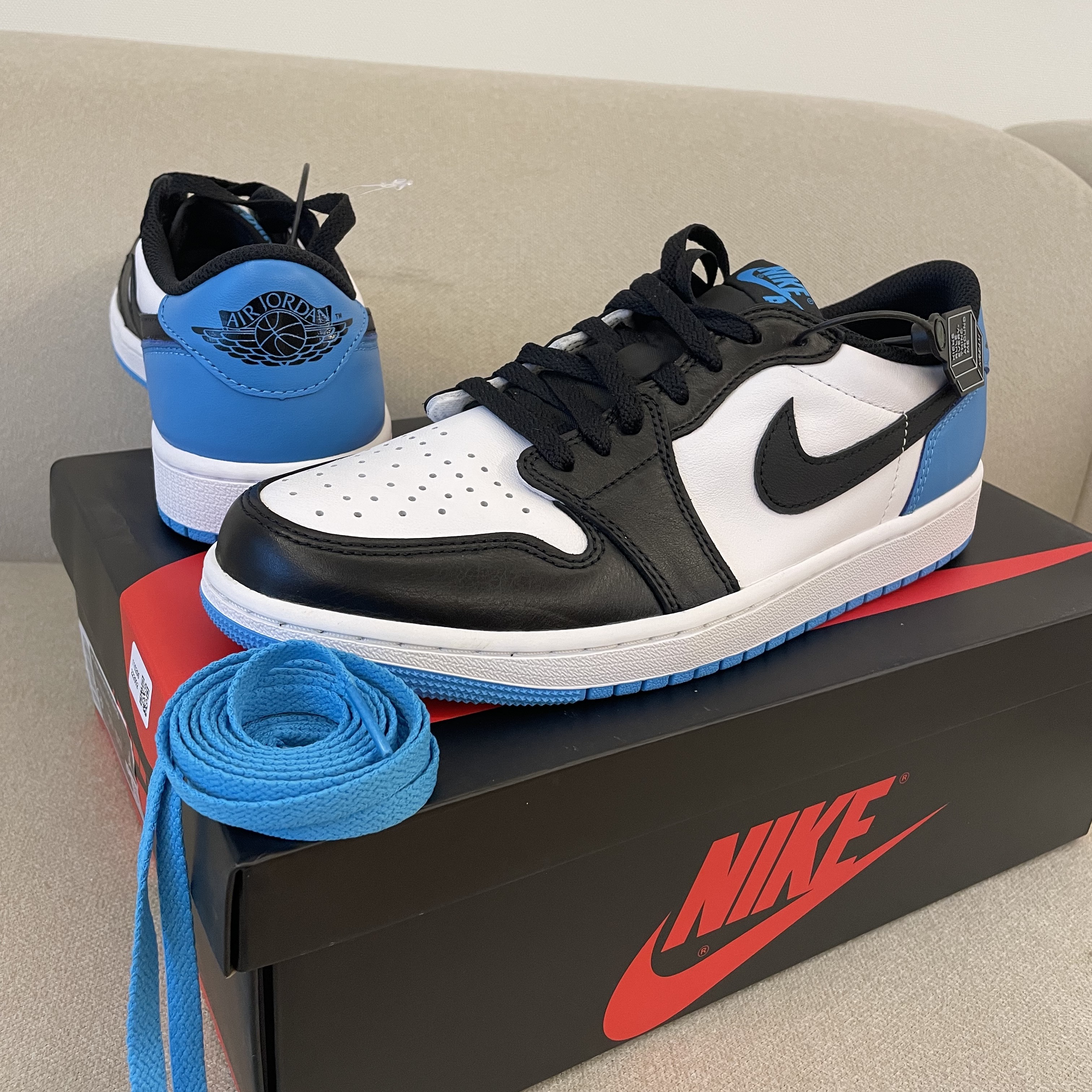 Jordan 1 Retro Low OG Black and Dark Powder Blue 착용 스타일 - 2