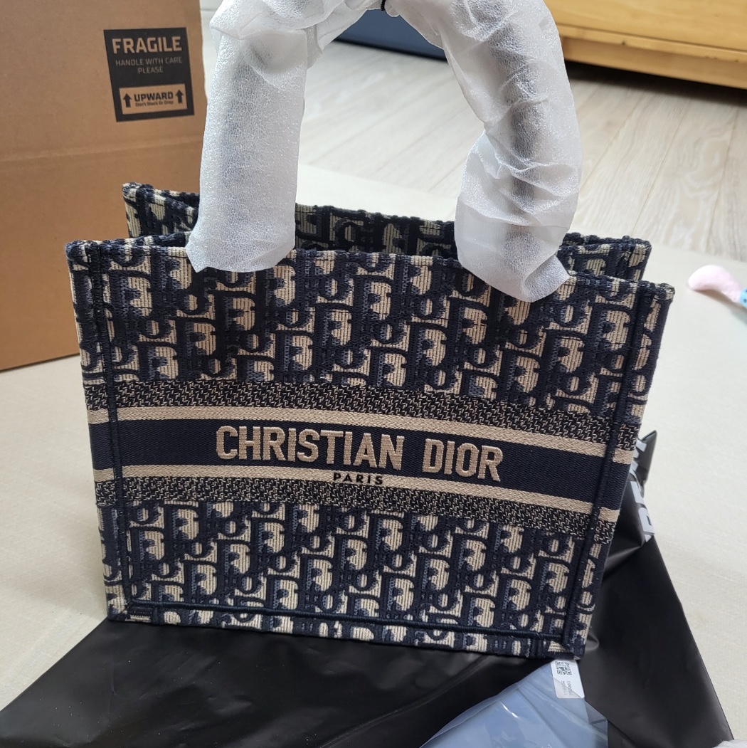 Dior Small Book Tote Blue Dior Oblique Embroidery 착용 스타일