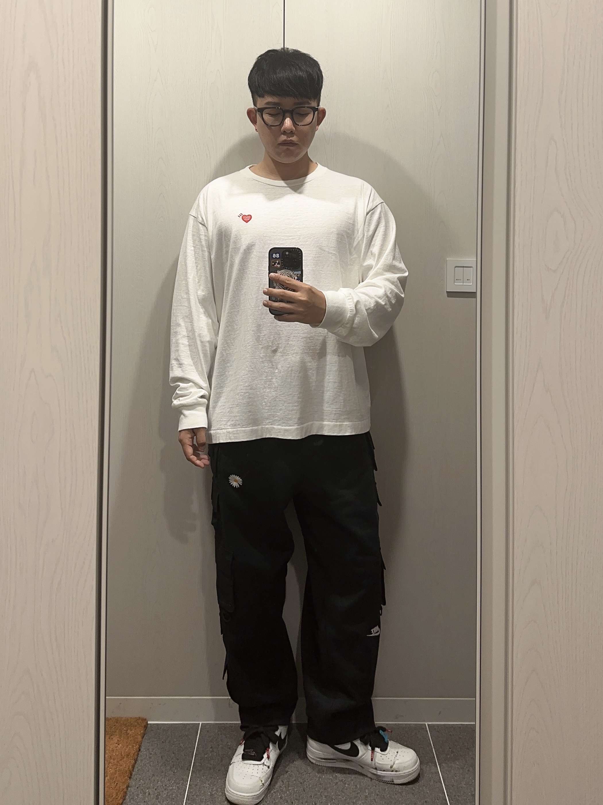 Nike x Peaceminusone Wide Pants Black (DR0096-010), Human Made Graphic L/S T-Shirt #3 White 착용 스타일