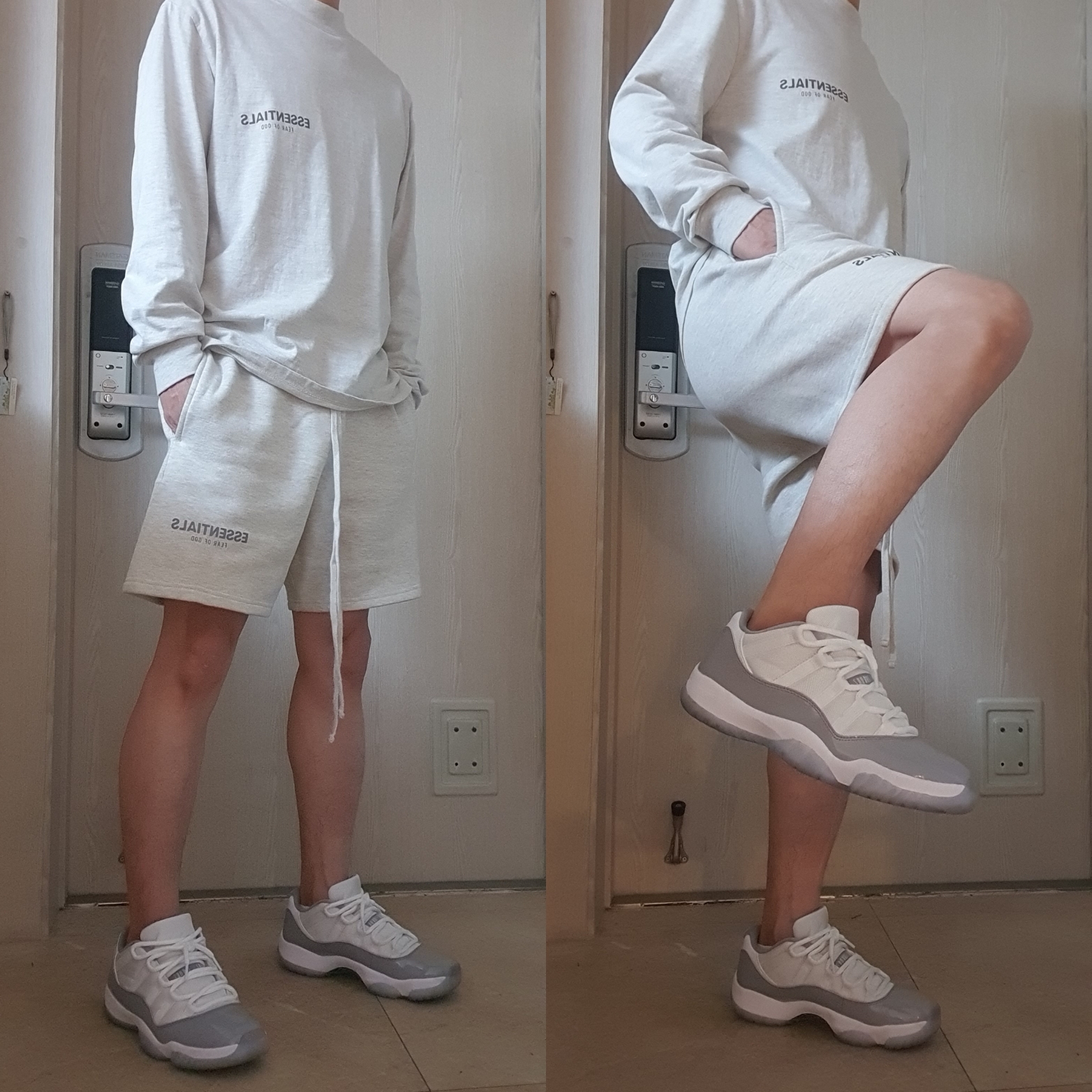 Jordan 11 Retro Low Cement Grey, Essentials The Core Collection Long Sleeve T-Shirt Oatmeal 착용 스타일