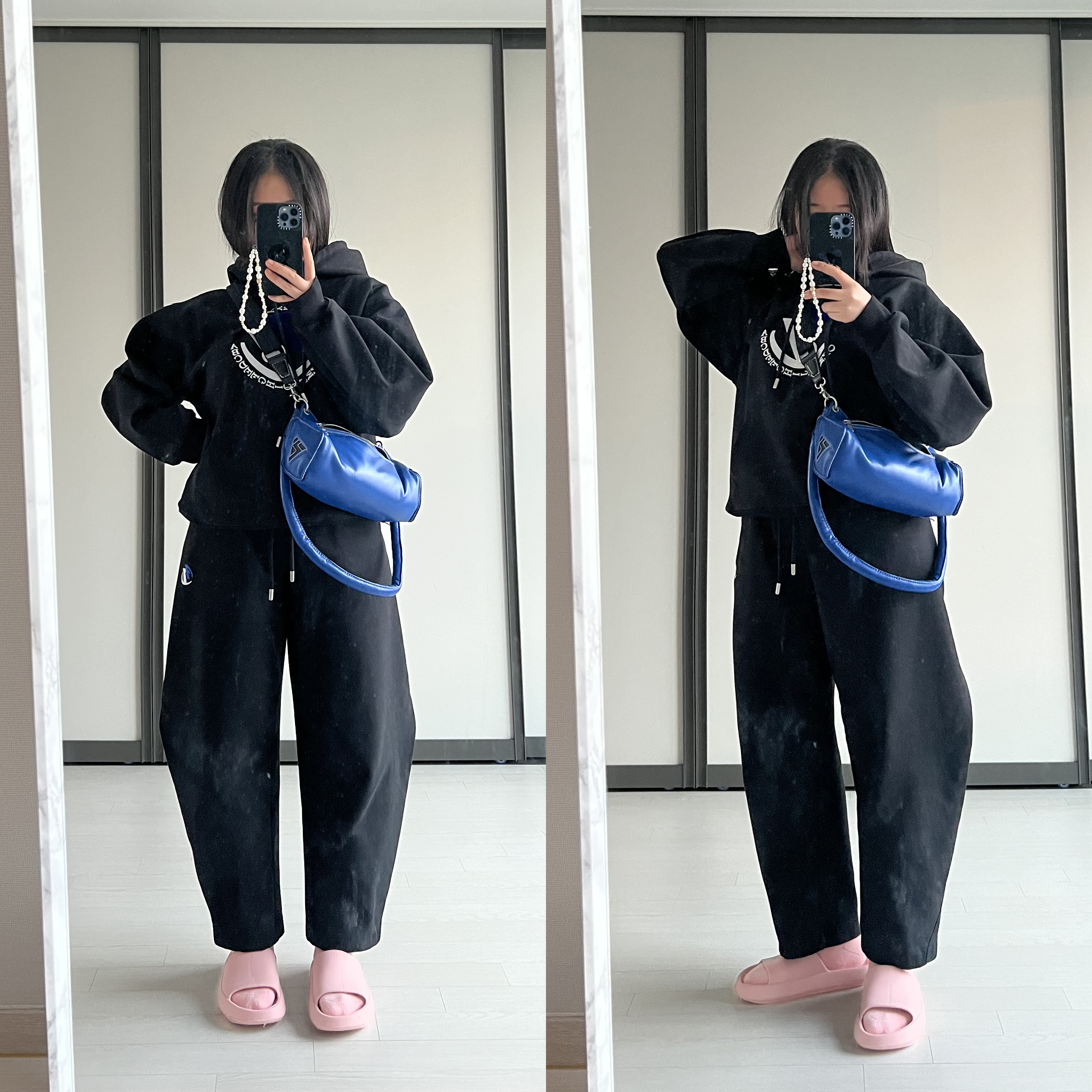 Ader Error x Zara Leather Shoulder Bag Blue, Zara x Ader Error Embroidery Hooded Sweatshirt Black 착용 스타일 - 1
