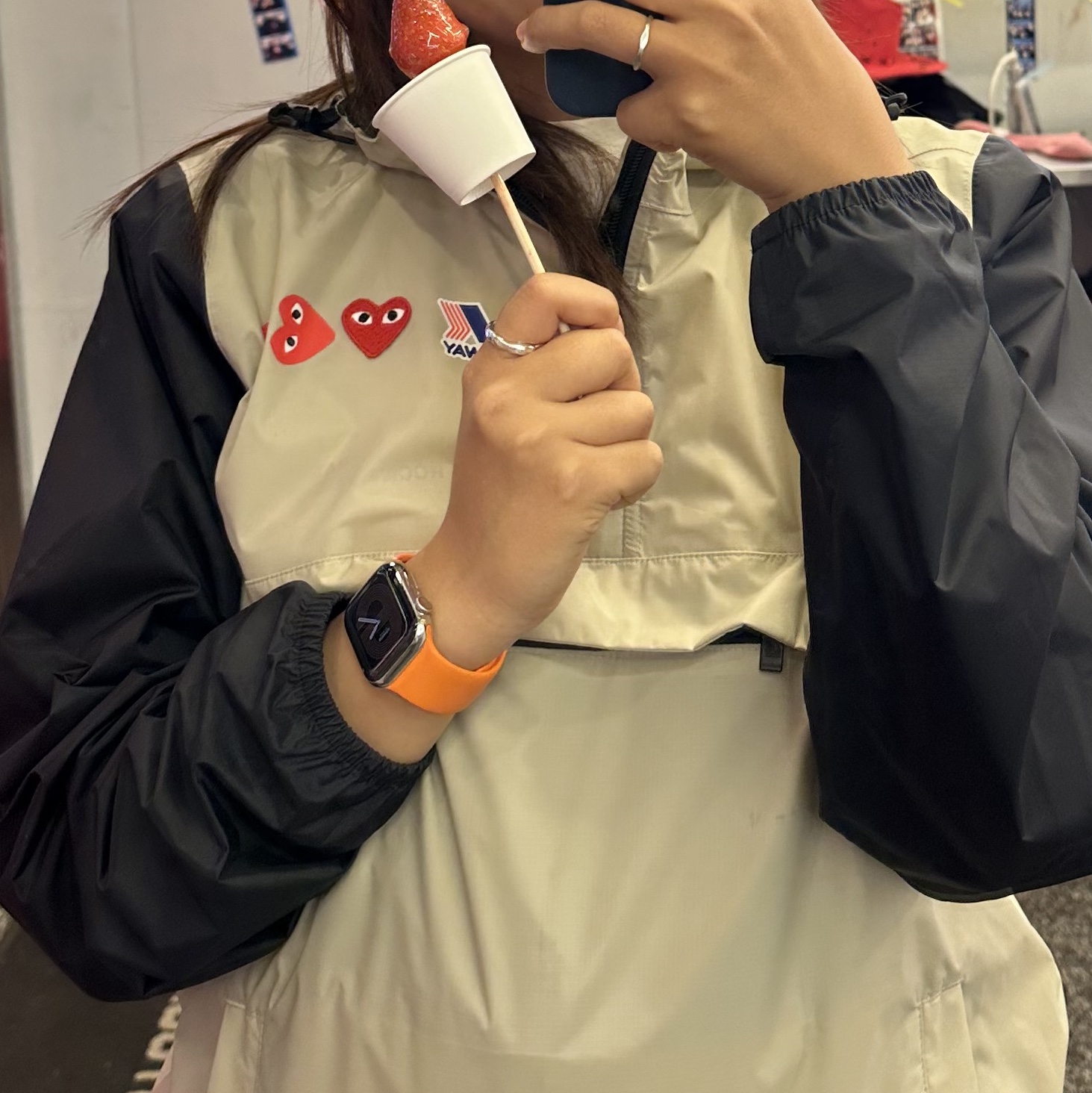 Play Comme des Garcons x K-Way Half Zip Jacket Beige Black 착용 스타일