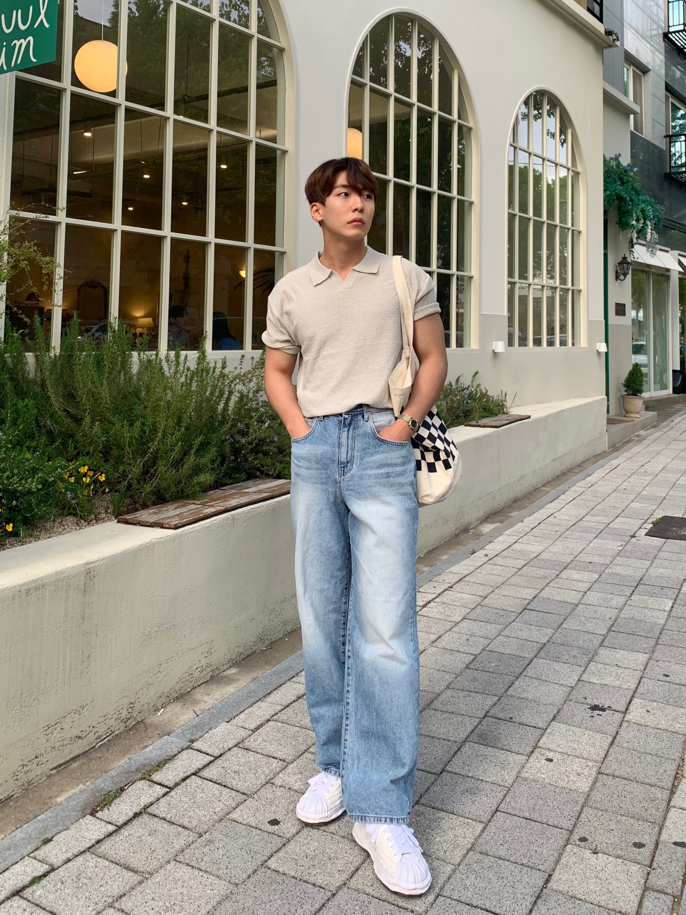 메종 미하라 야스히로 블레이키 OG 솔 캔버스 로우탑 스니커즈 화이트 착용 스타일 - 2