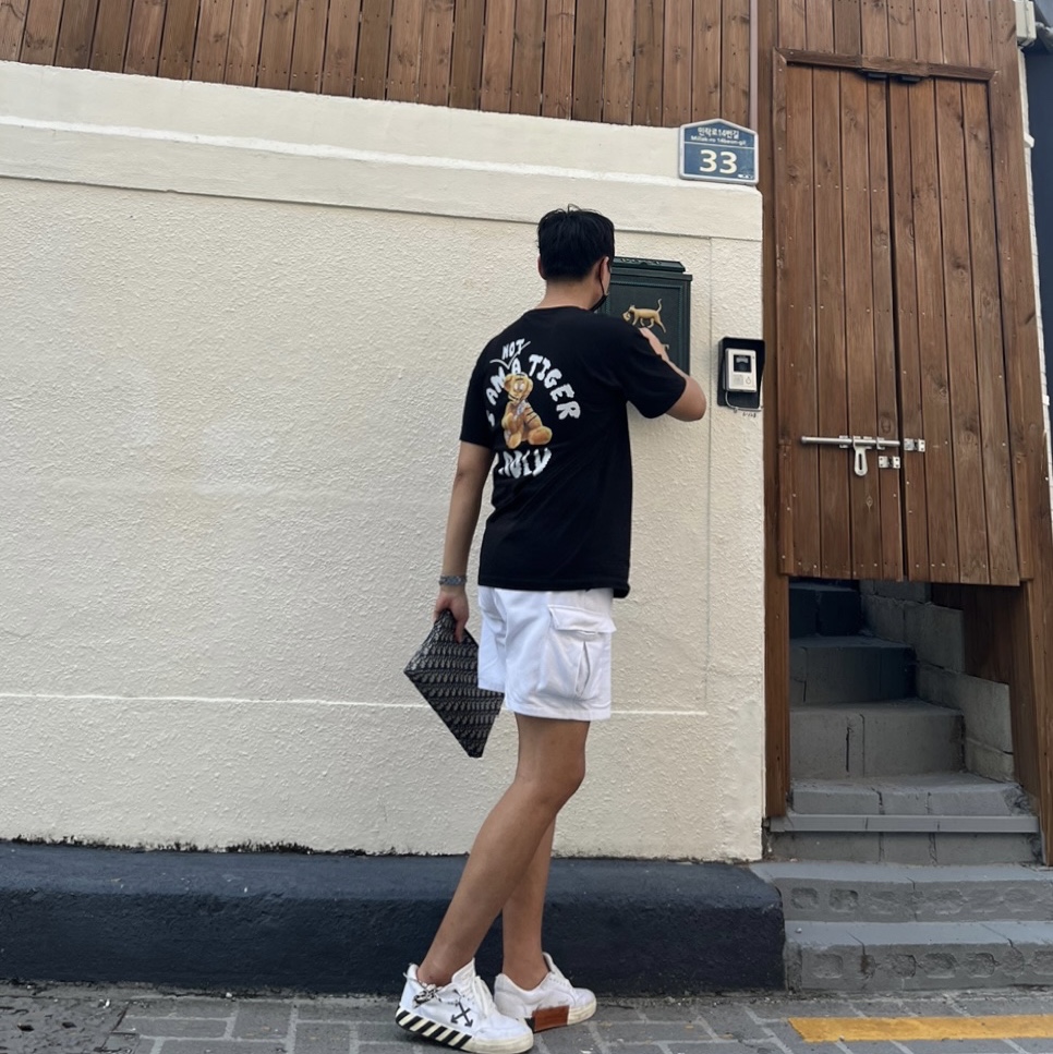 Dior Pouch Beige & Black Dior Oblique Jacquard, Off-White Arrow Low Vulcanized Sneakers White Blue - 21FW 착용 스타일