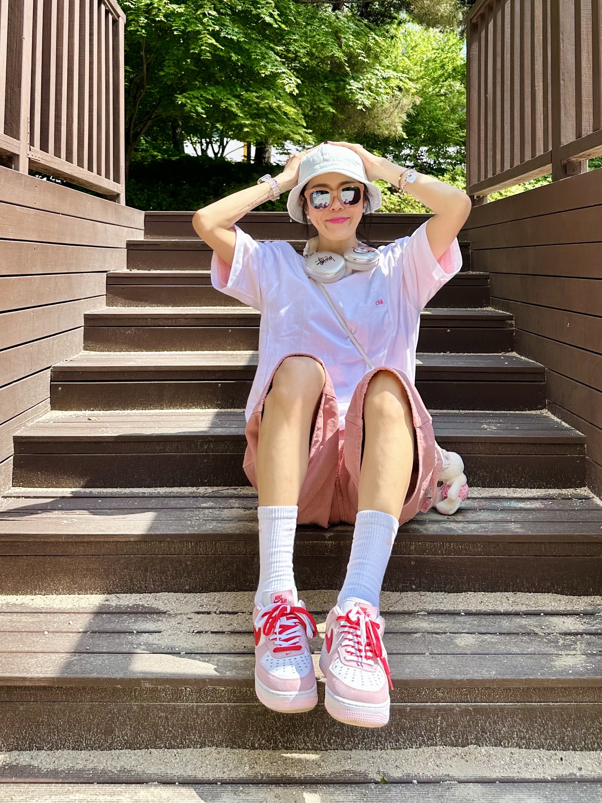 Nike Air Force 1 '07 QS Valentine's Day, (Kids) Nike Everyday Plus Socks Pink White (6 Pack/Korean Ver.) 착용 스타일 - 3