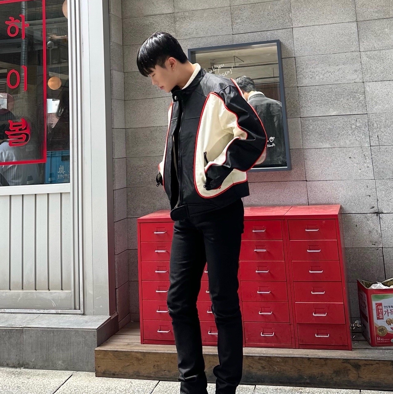 Diesel J-Blink Biker Jacket in Colour-Block Nylon Black White 착용 스타일 - 1