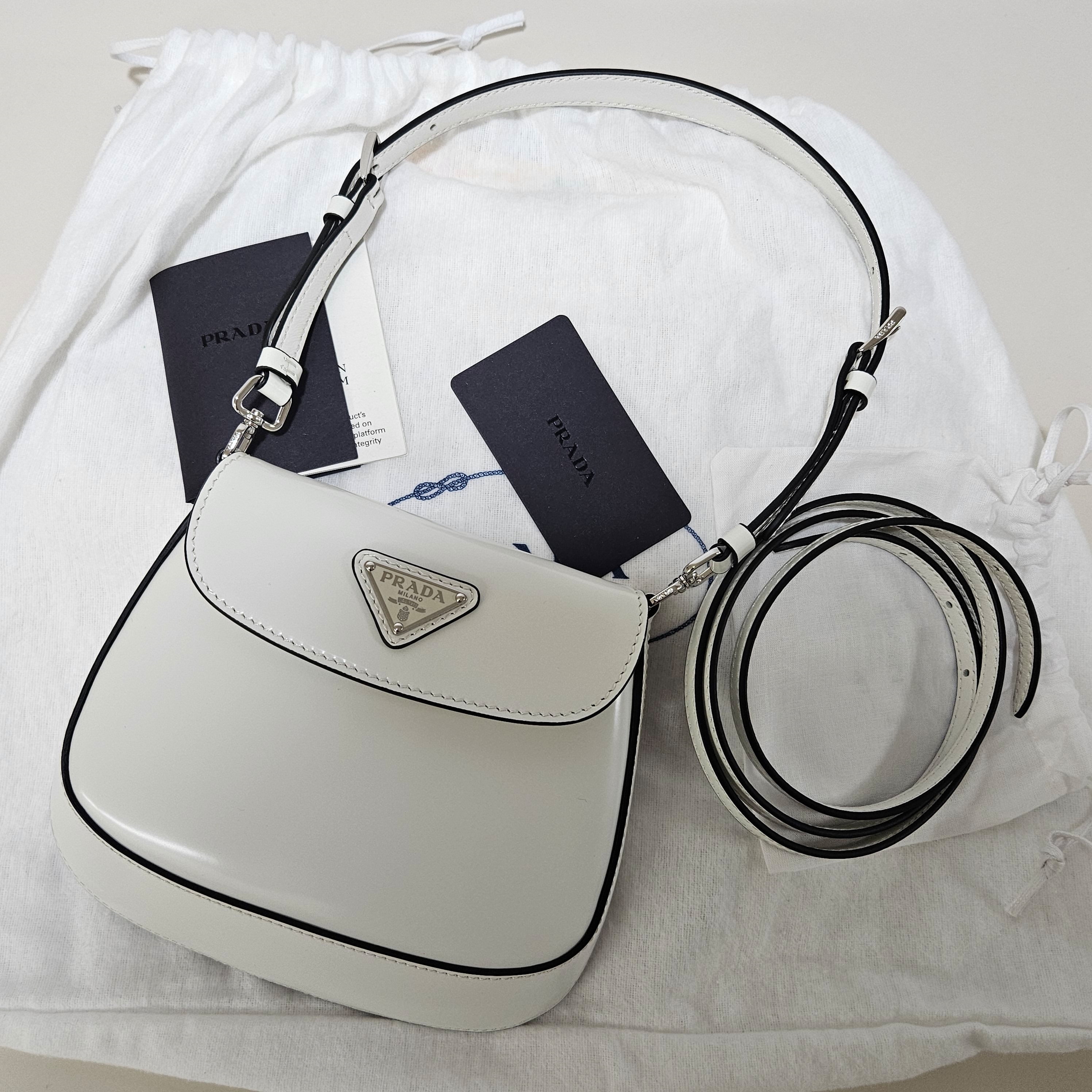 Prada Cleo Brushed Leather Mini Bag with Flap White N 착용 스타일