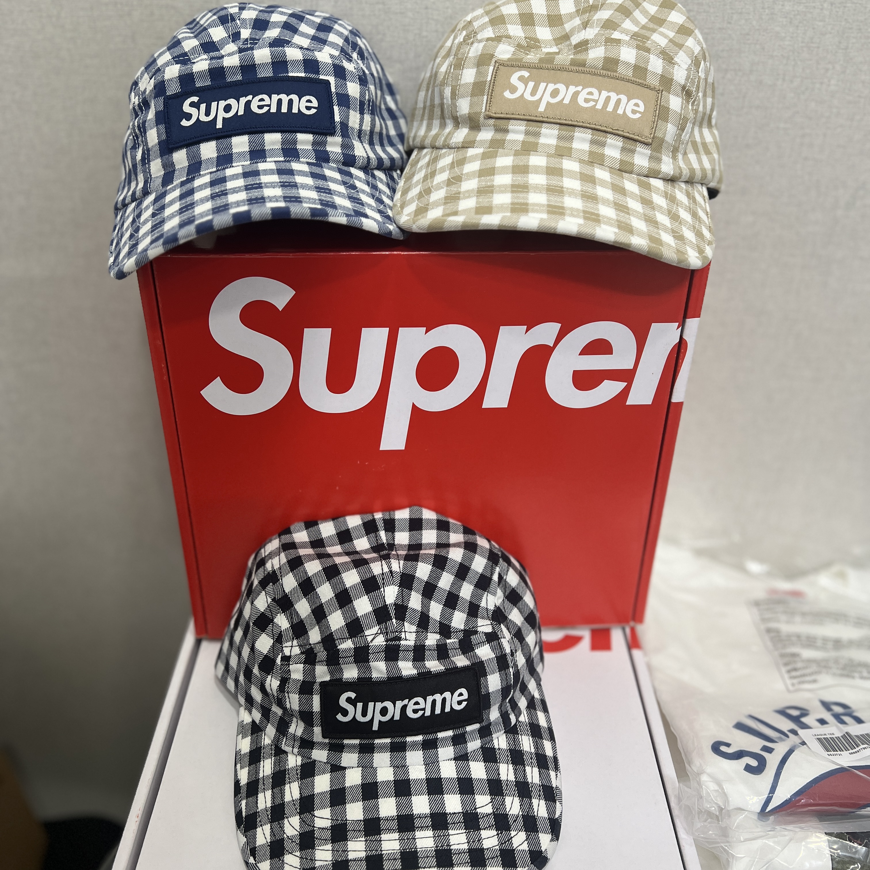 Supreme Gingham Camp Cap Tan - 23SS 착용 스타일