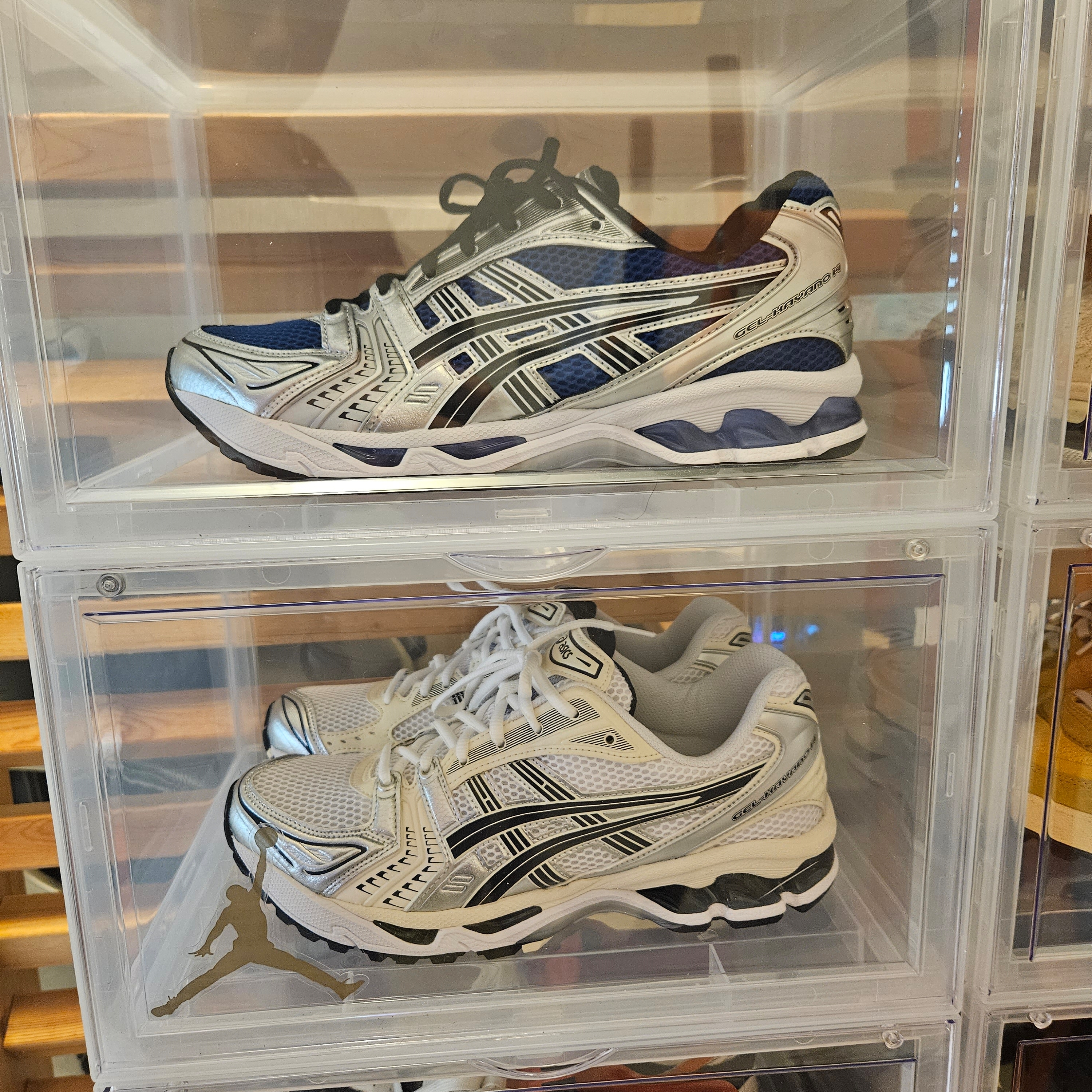 (W) Asics Gel-Kayano 14 White Midnight, Asics Gel-Kayano 14 Monaco Blue Black 착용 스타일