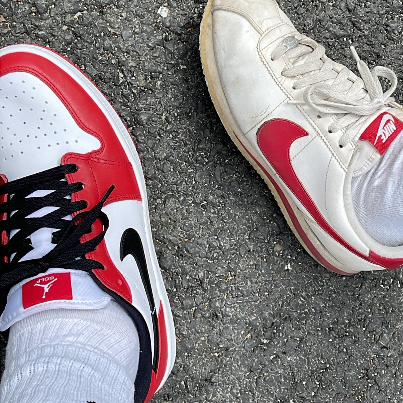 Jordan 1 Low Golf Chicago, Nike Cortez Basic Leather White Gym Red 착용 스타일