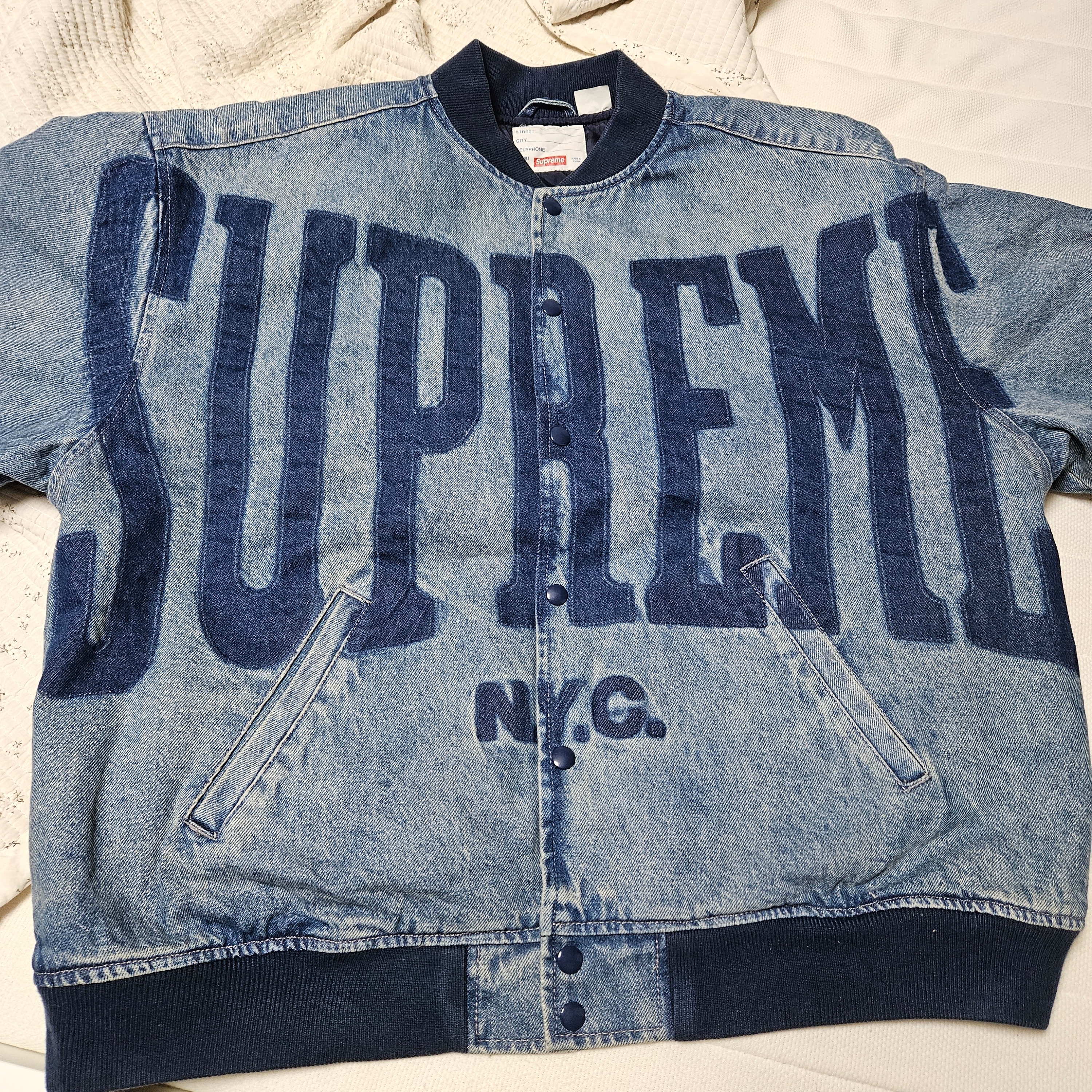 Supreme Washed Knockout Denim Varsity Jacket Washed Blue - 23SS 착용 스타일