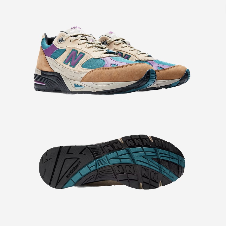 New Balance x Palace 991 Made in UK Teal Brown, New Balance x Palace 991 Made in UK Black Ultra Violet 착용 스타일 - 4