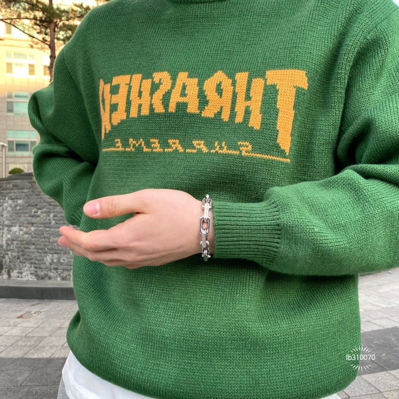 루이비통 모노그램 체인 브레이슬릿 실버, 슈프림 x 트레셔 스웨터 그린 - 21FW 착용 스타일 - 3