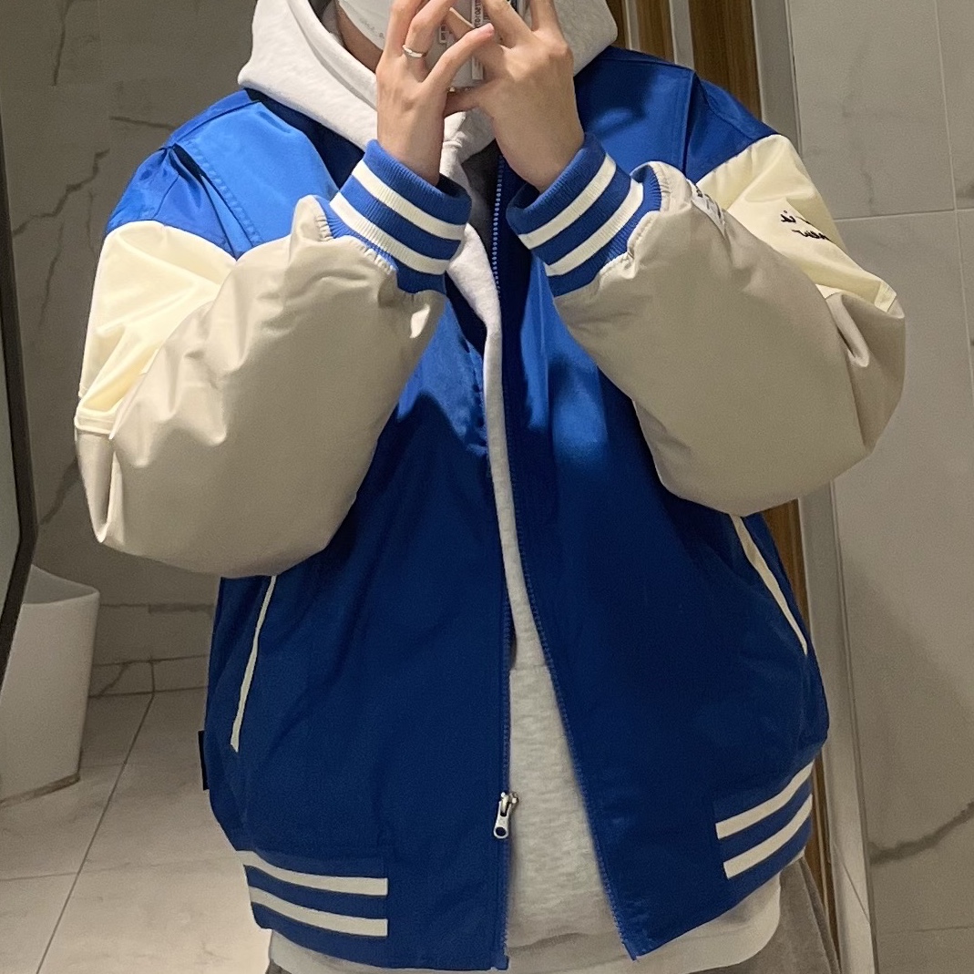 Converse x Ader Error Shapes Varsity Jacket Cobalt 착용 스타일