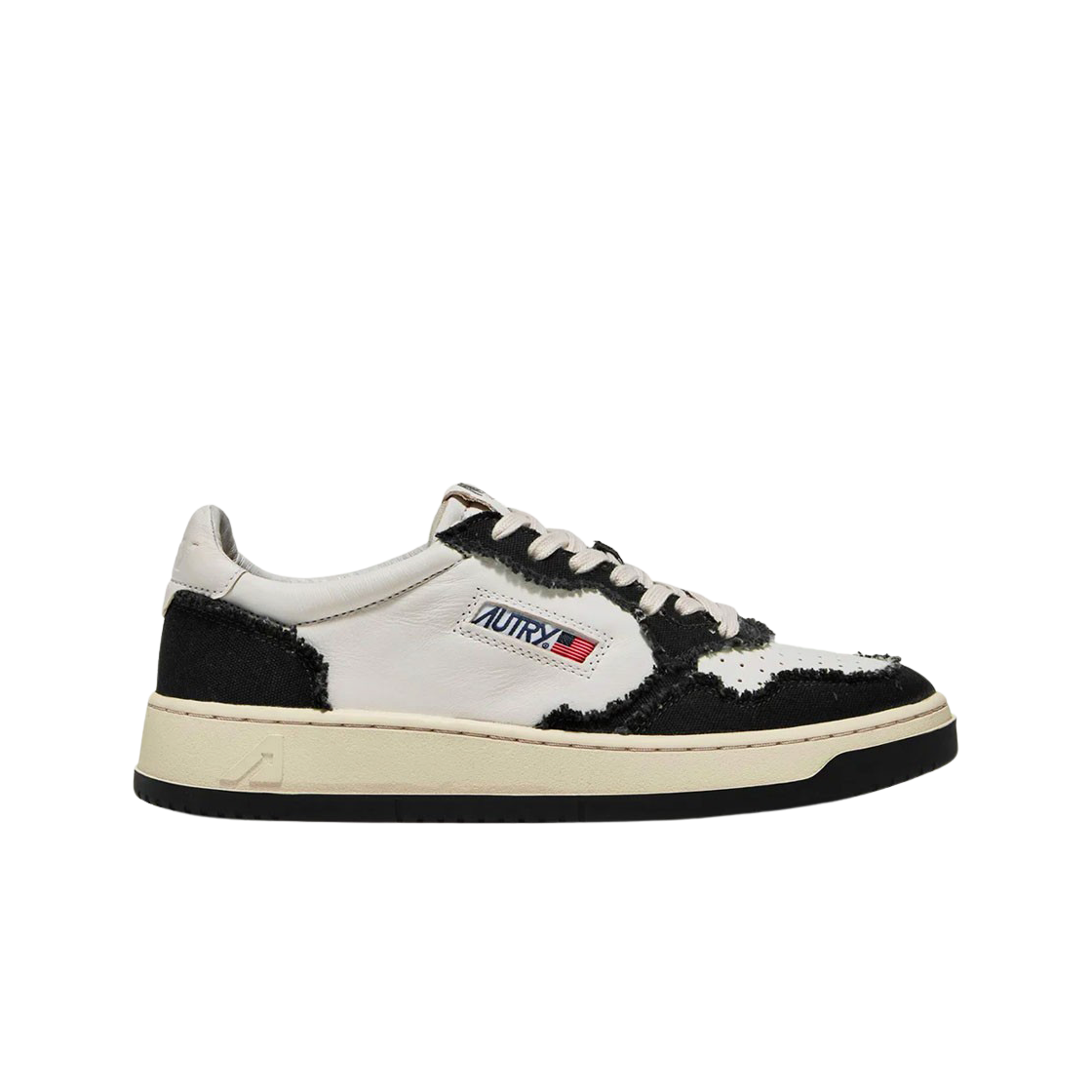 (W) 오트리 메달리스트 로우 고트스킨 프레이드 캔버스 스니커즈 화이트 블랙((W) Autry Medalist Low Goatskin Frayed Canvas Sneakers White Black)