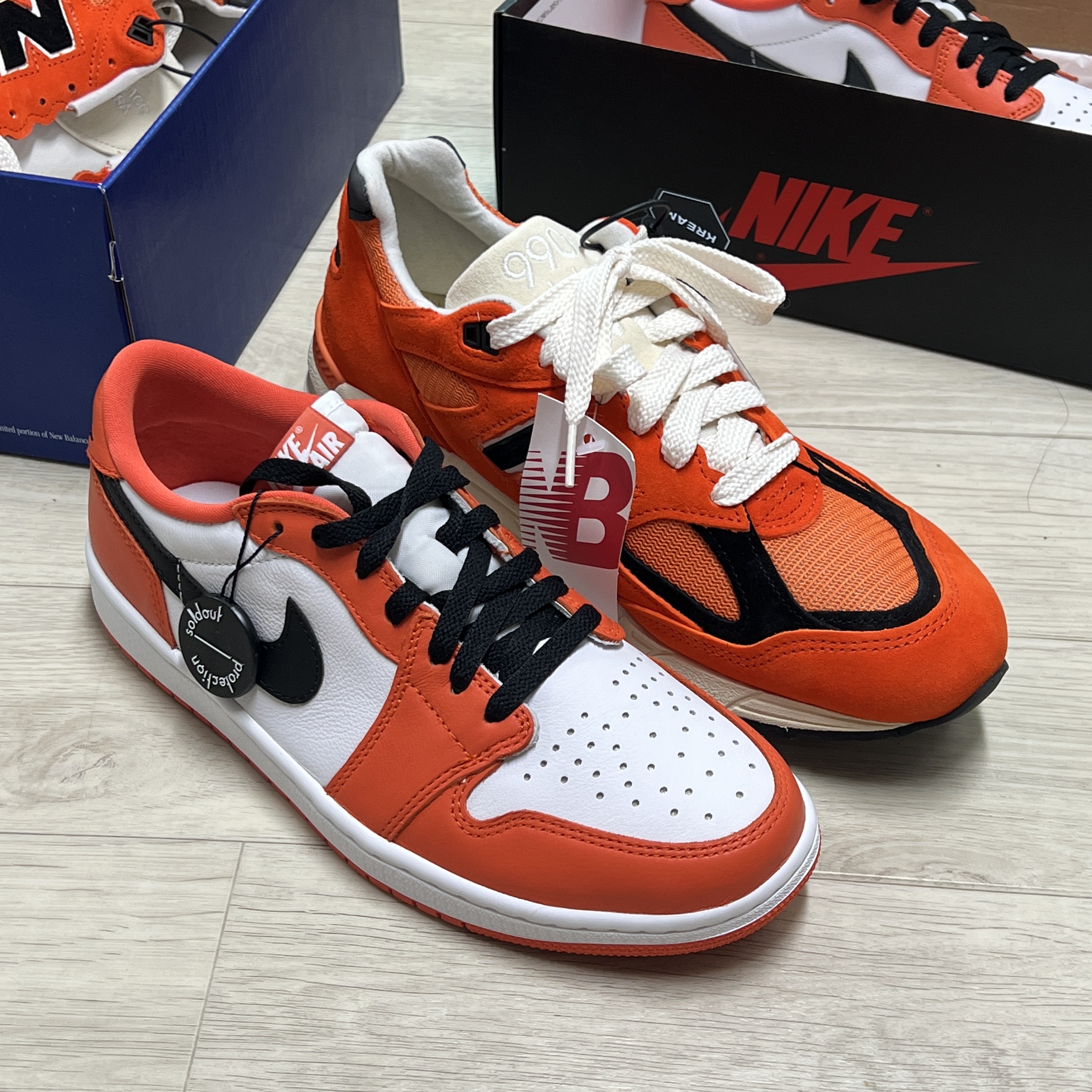 New Balance 990v2 Made in USA Marigold Black, Jordan 1 Low OG Starfish 착용 스타일 - 2