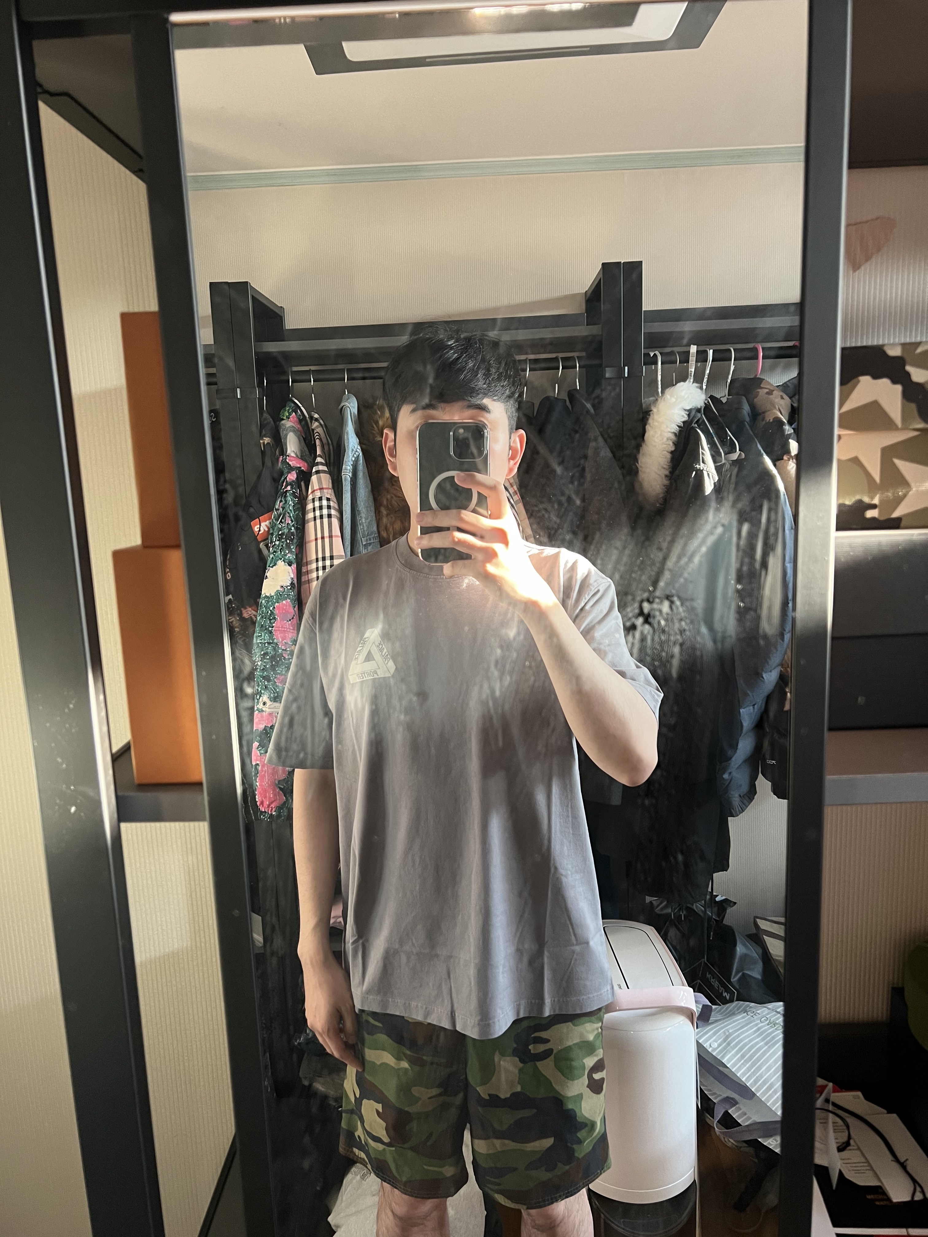 Palace x Porter Tri-Ferg Bell Boy T-Shirt Gray 착용 스타일