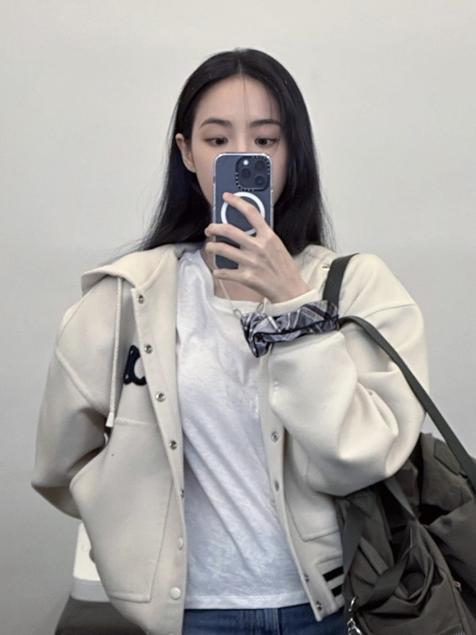 (W) Celine Hooded Varsity Jacket in Double Face Cashmere Ivory 착용 스타일