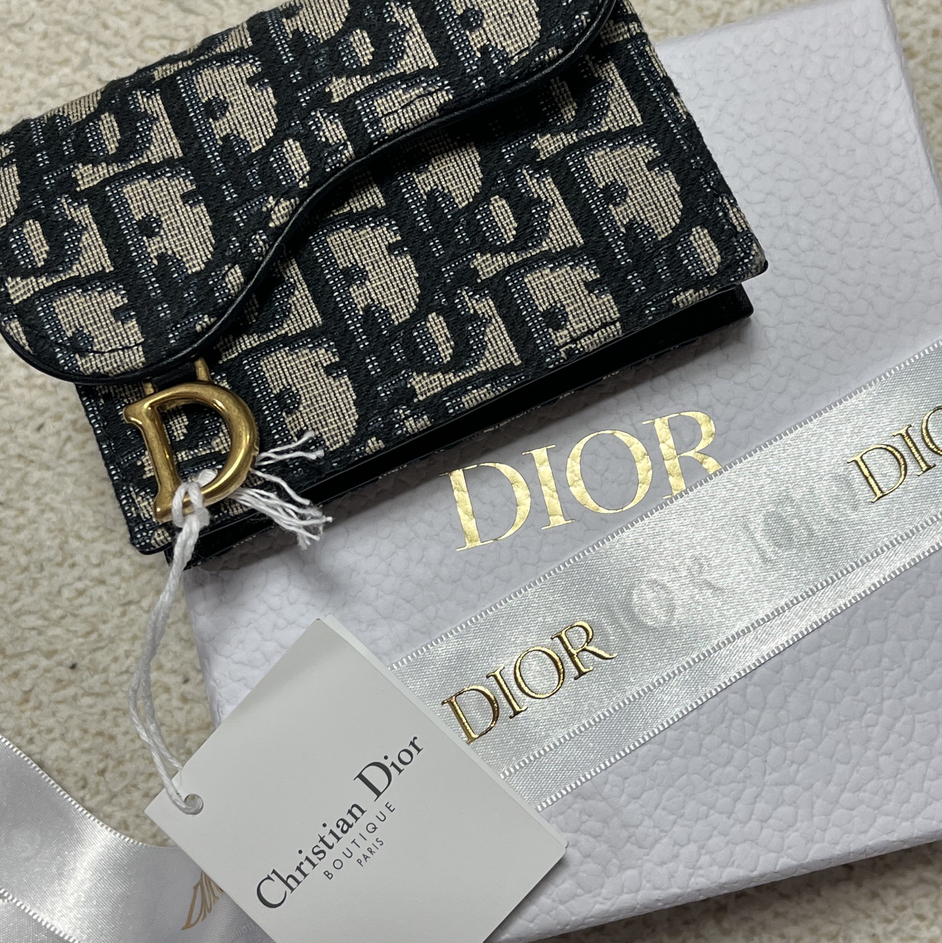 Dior Saddle Flap Card Holder Blue Dior Oblique Jacquard 착용 스타일