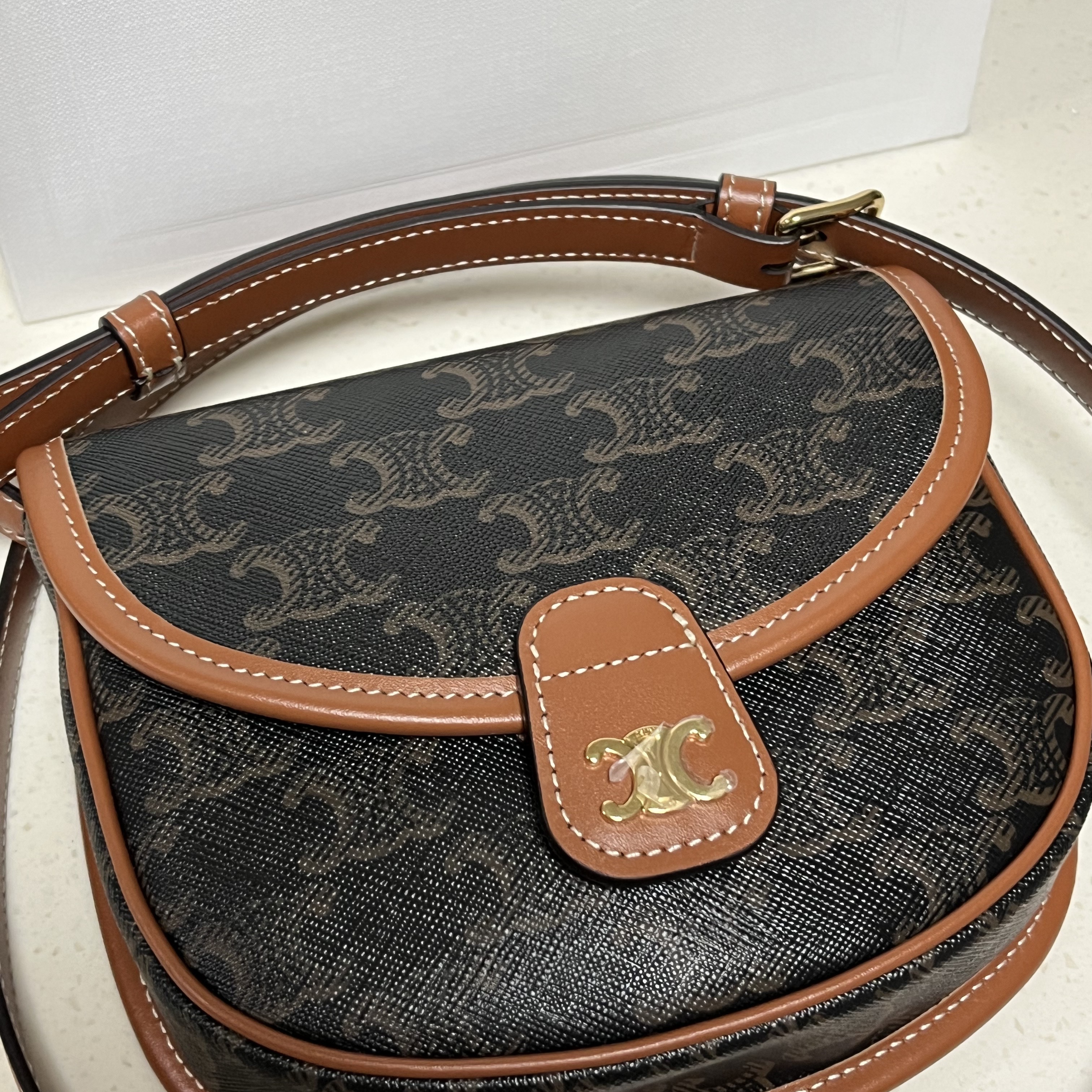 Celine Mini Besace in Triomphe Canvas and Calfskin Tan 착용 스타일