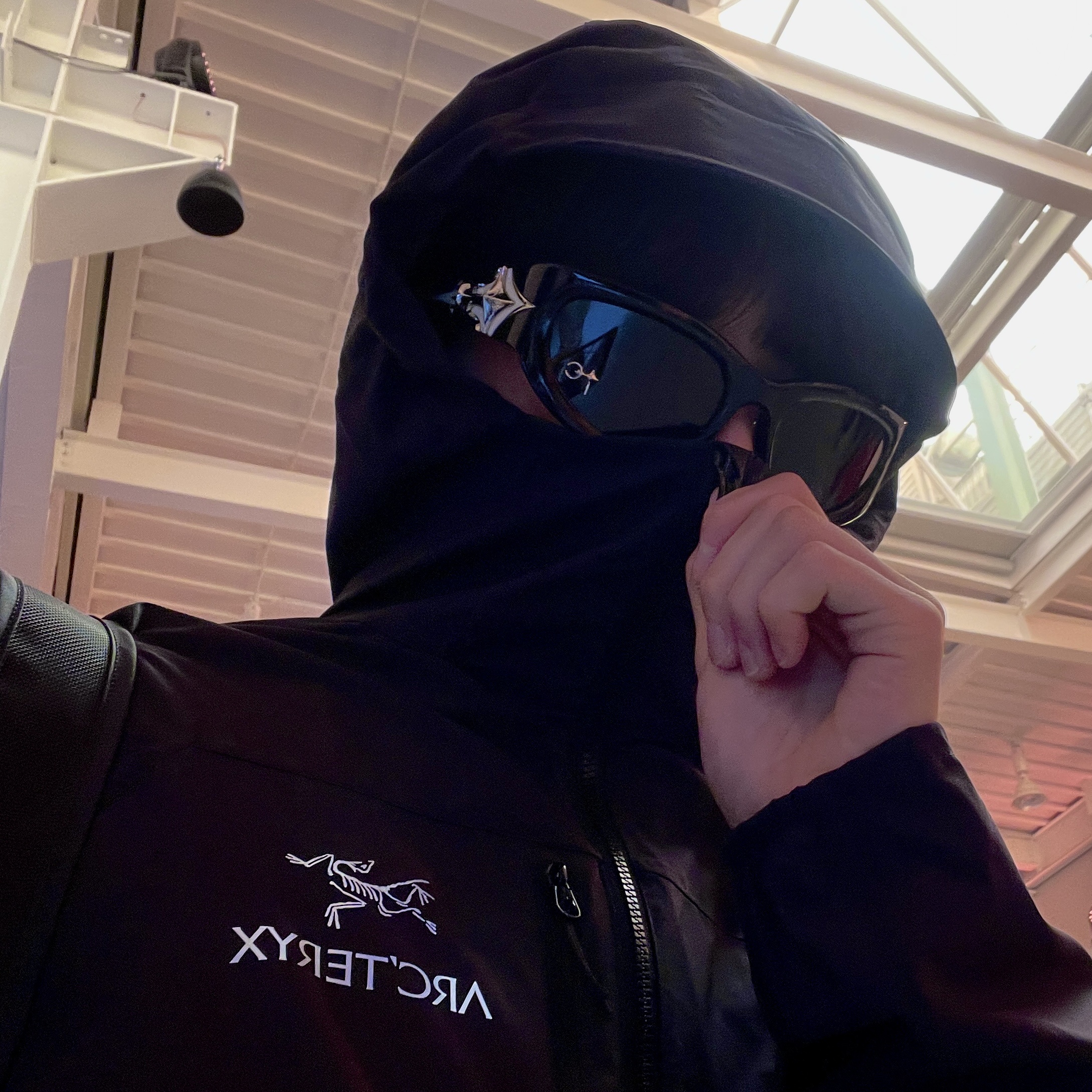 Arc'teryx Squamish Hoody Black, Gentle Monster x Thug Club Techno 01 Black 착용 스타일
