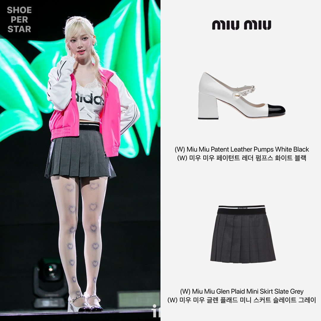 (W) Miu Miu Patent Leather Pumps White Black, (W) Miu Miu Glen Plaid Mini Skirt Slate Grey 착용 스타일 - 1