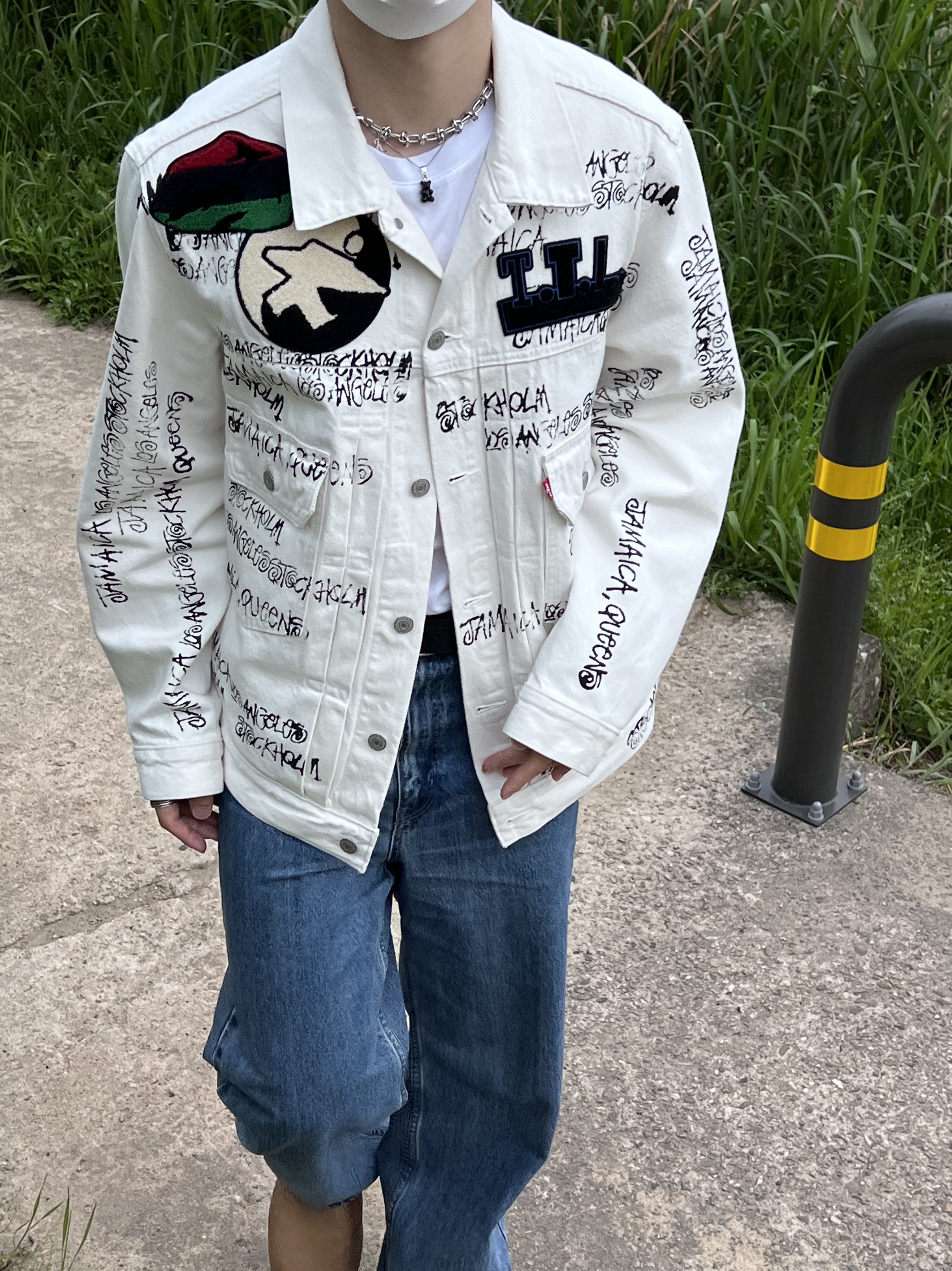 Stussy x Our Legacy x Denim Tears TTL Denim Jacket White, Bottega Veneta Puddle Ankle Boot Jute 착용 스타일