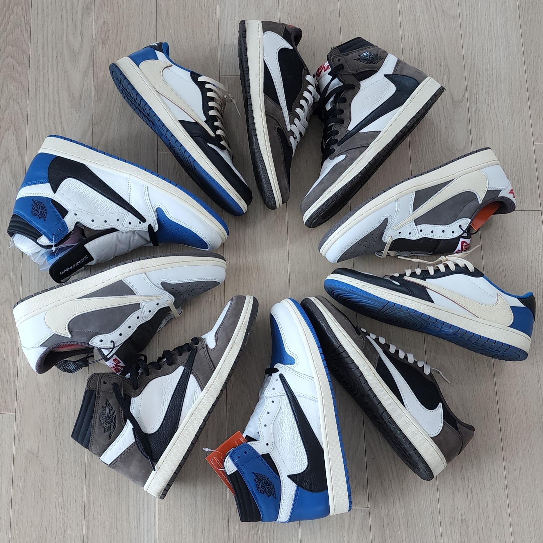 Jordan 1 x Travis Scott Retro Low OG SP Sail and Ridgerock, Jordan 1 x Travis Scott x Fragment Retro Low OG SP Military Blue 착용 스타일