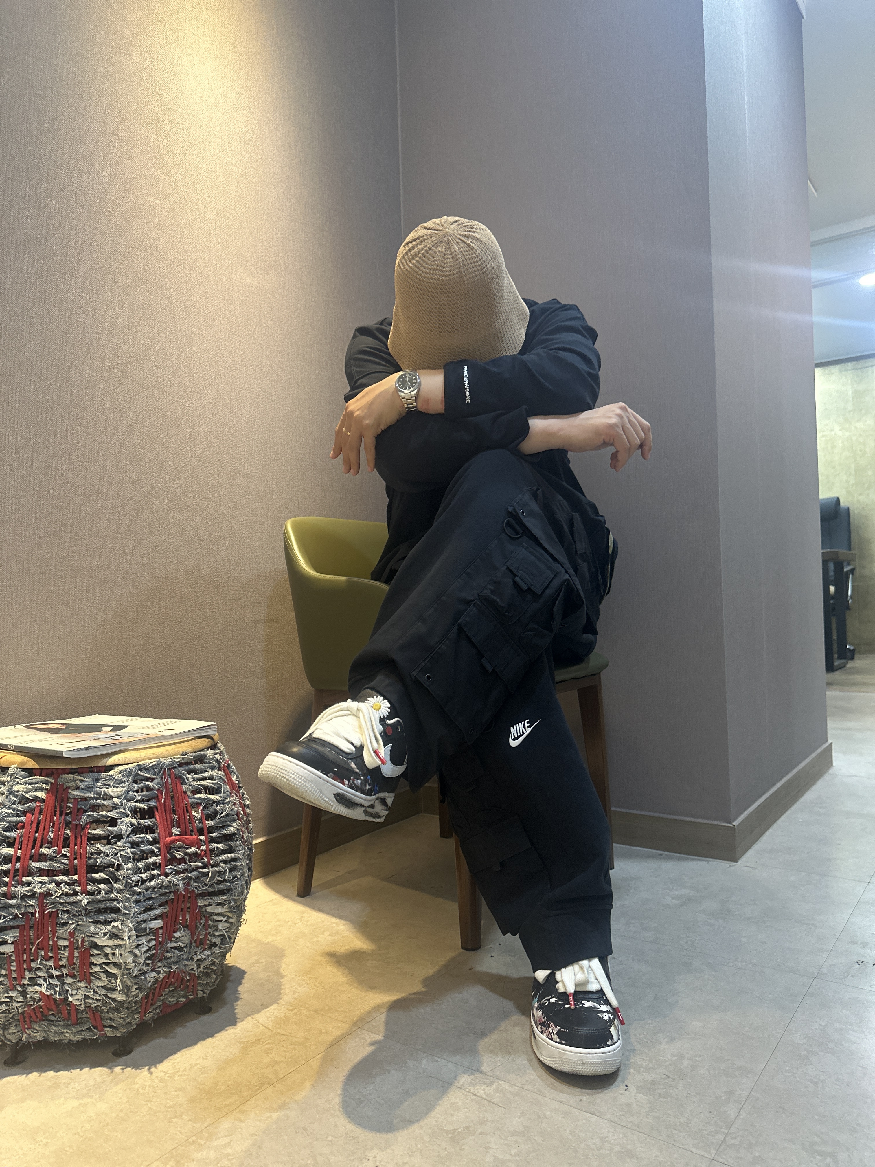 Nike x Peaceminusone LS T-Shirt Black (DR0098-010), Nike x Peaceminusone Wide Pants Black (DR0096-010) 착용 스타일