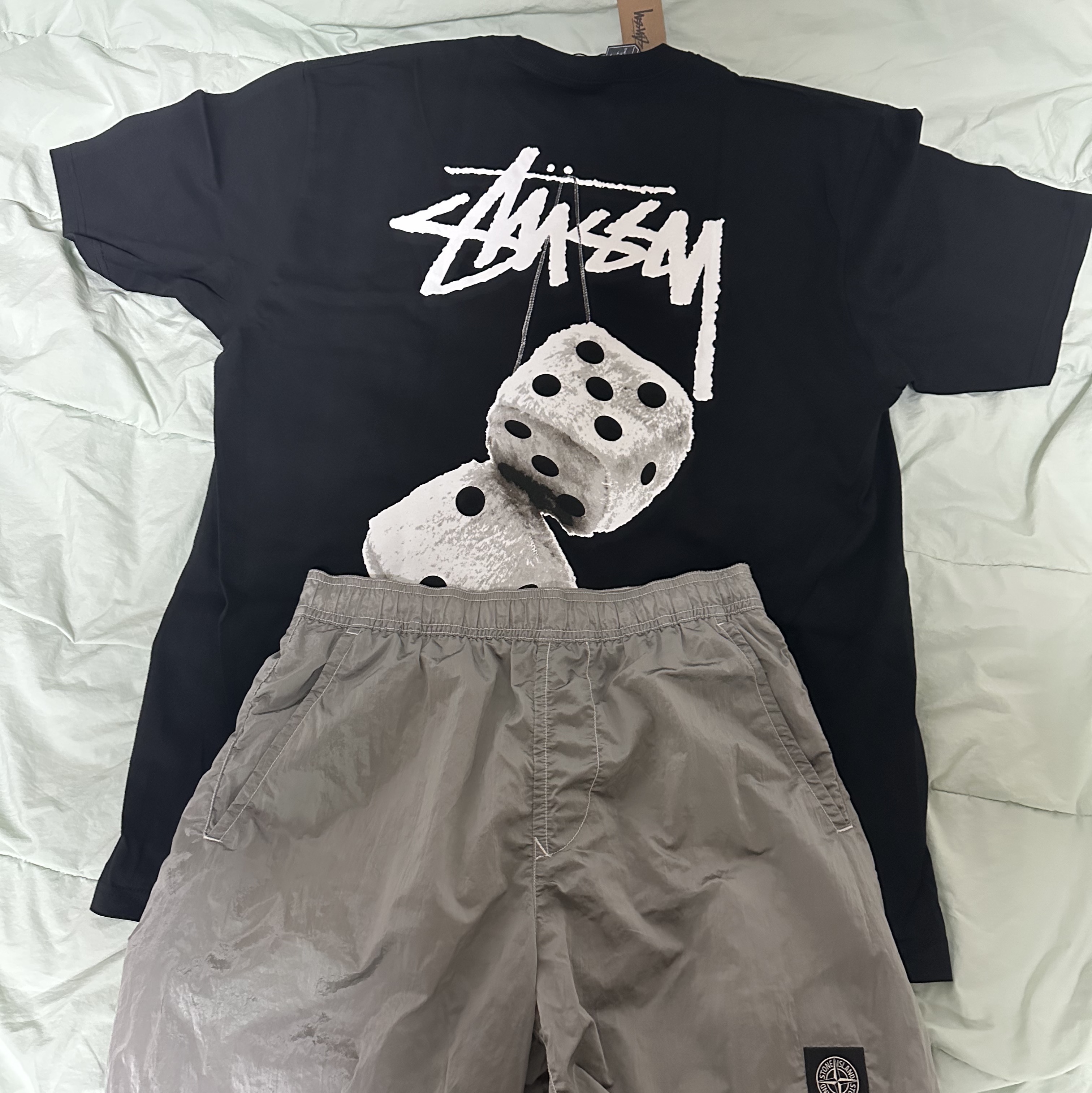 Stussy Fuzzy Dice T-Shirt Black, Stone Island B0943 Nylon Metal Swimming Trunk Ice - 22SS 착용 스타일
