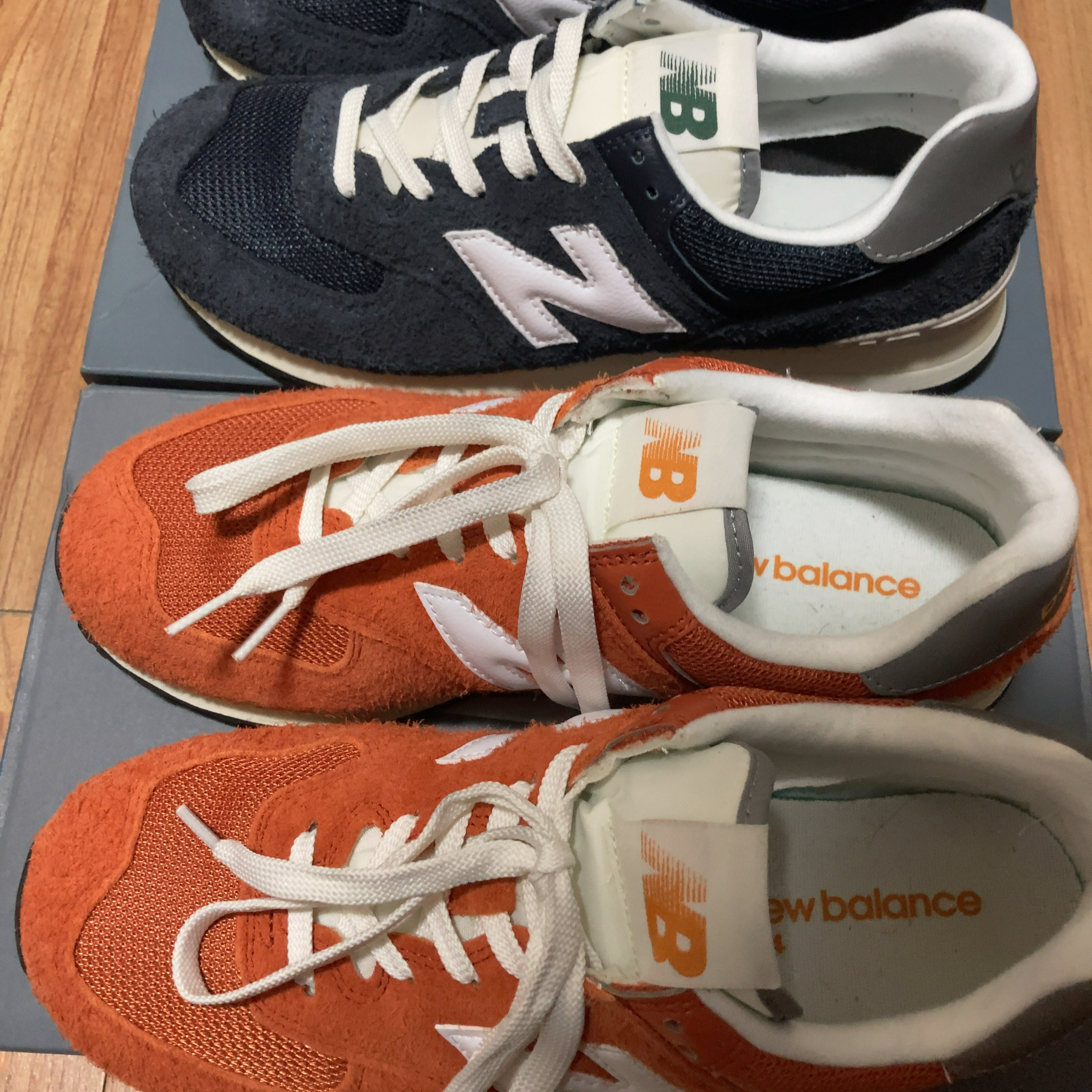 New Balance 574 Heritage Orange Burst White, New Balance 574 Heritage Navy 착용 스타일