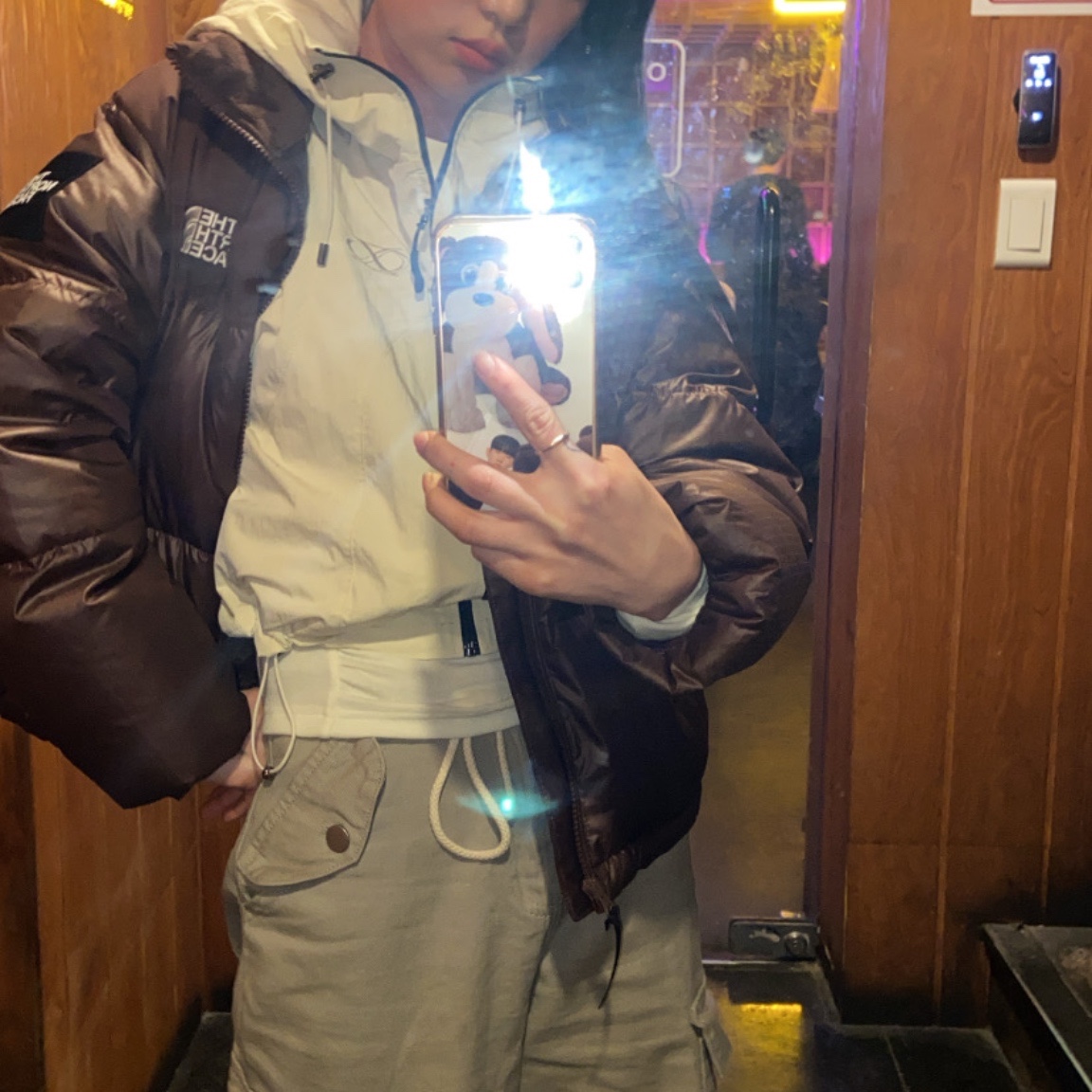 (W) The North Face White Label Novelty Nuptse Down Jacket Cocoa Brown 착용 스타일