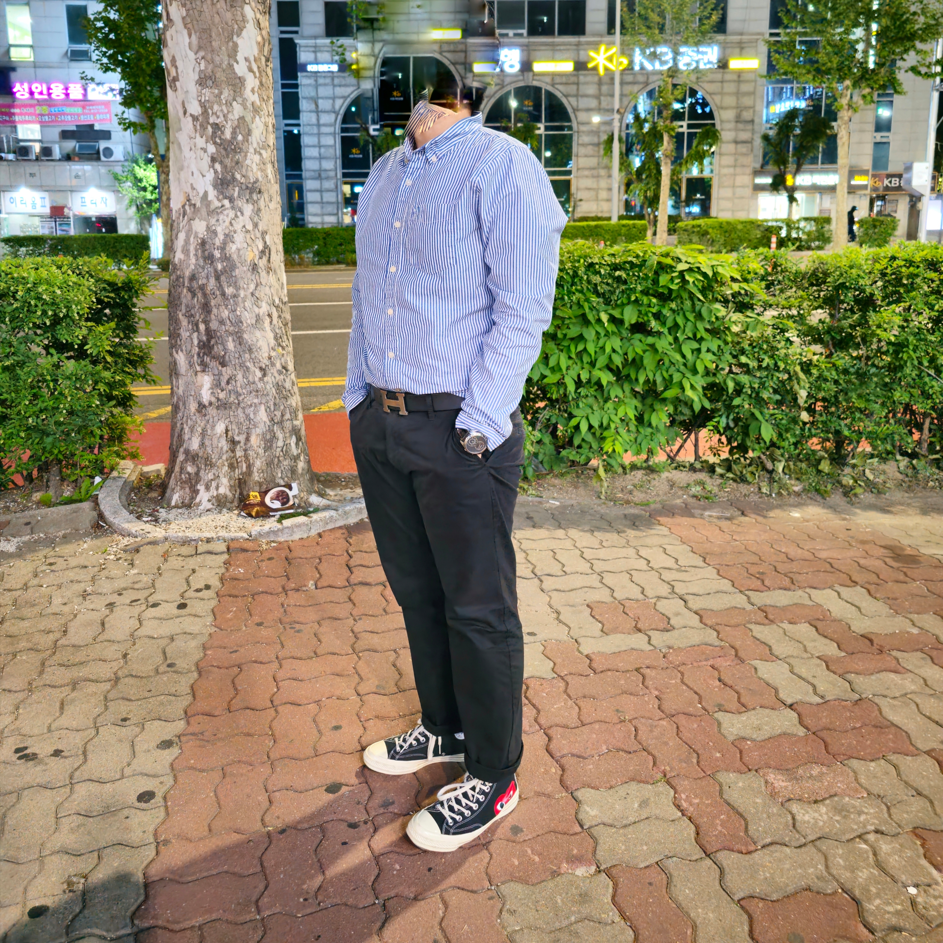 Converse x Play Comme des Garcons Chuck 70 Hi Black, Hermes H Belt Buckle & Reversible Leather Strap 32mm & Gris Moyen Noir Chocolate 착용 스타일