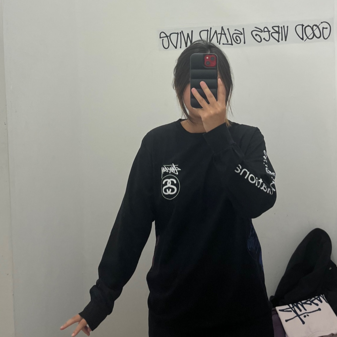 스투시 테스트 스트라이크 피그먼트 다이드 롱슬리브 티셔츠 내츄럴, 스투시 테스트 스트라이크 피그먼트 다이드 롱슬리브 티셔츠 토마토 착용 스타일 - 1