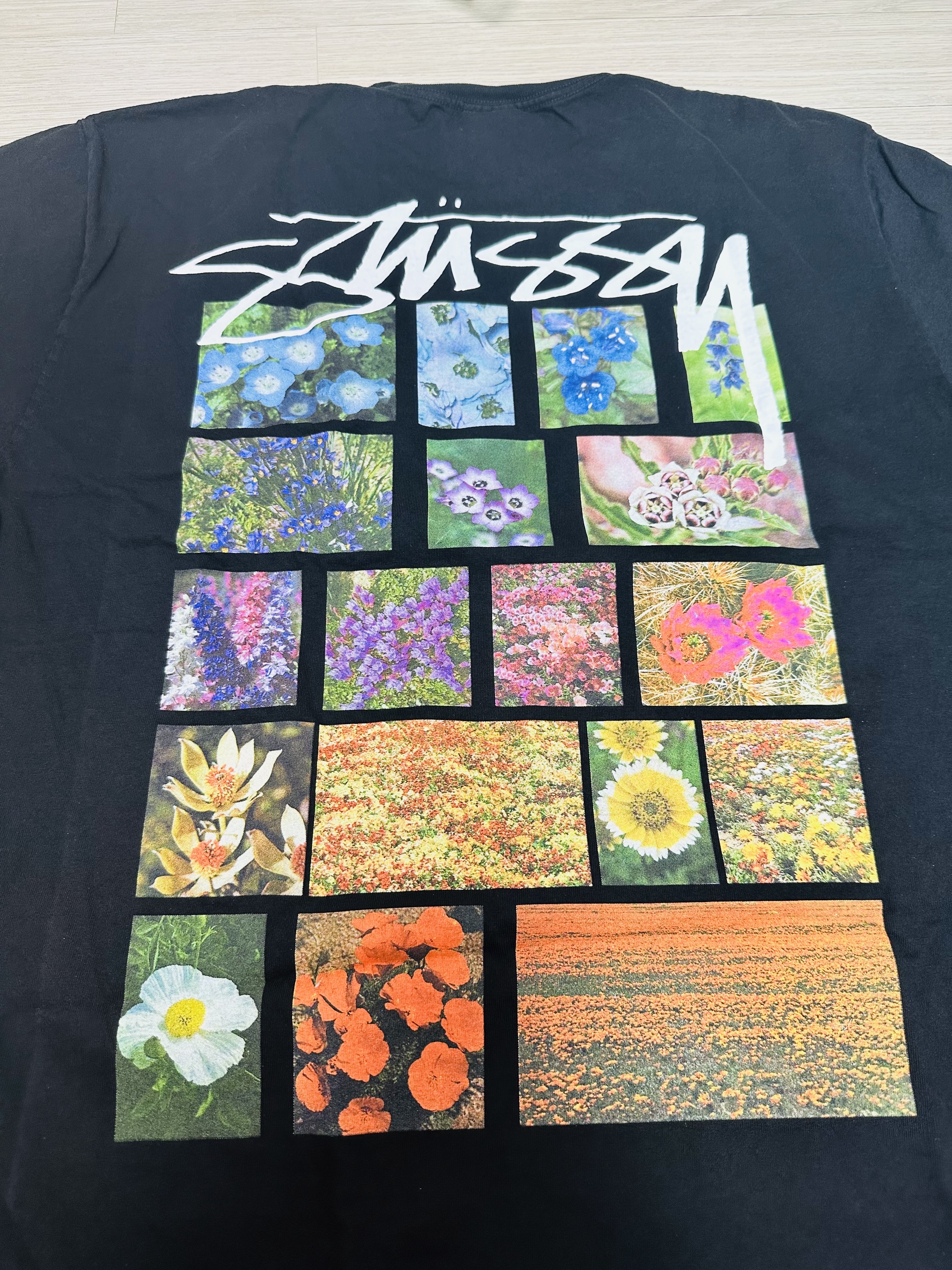 Stussy Flower Grid Pigment Dyed T-Shirt Black 착용 스타일