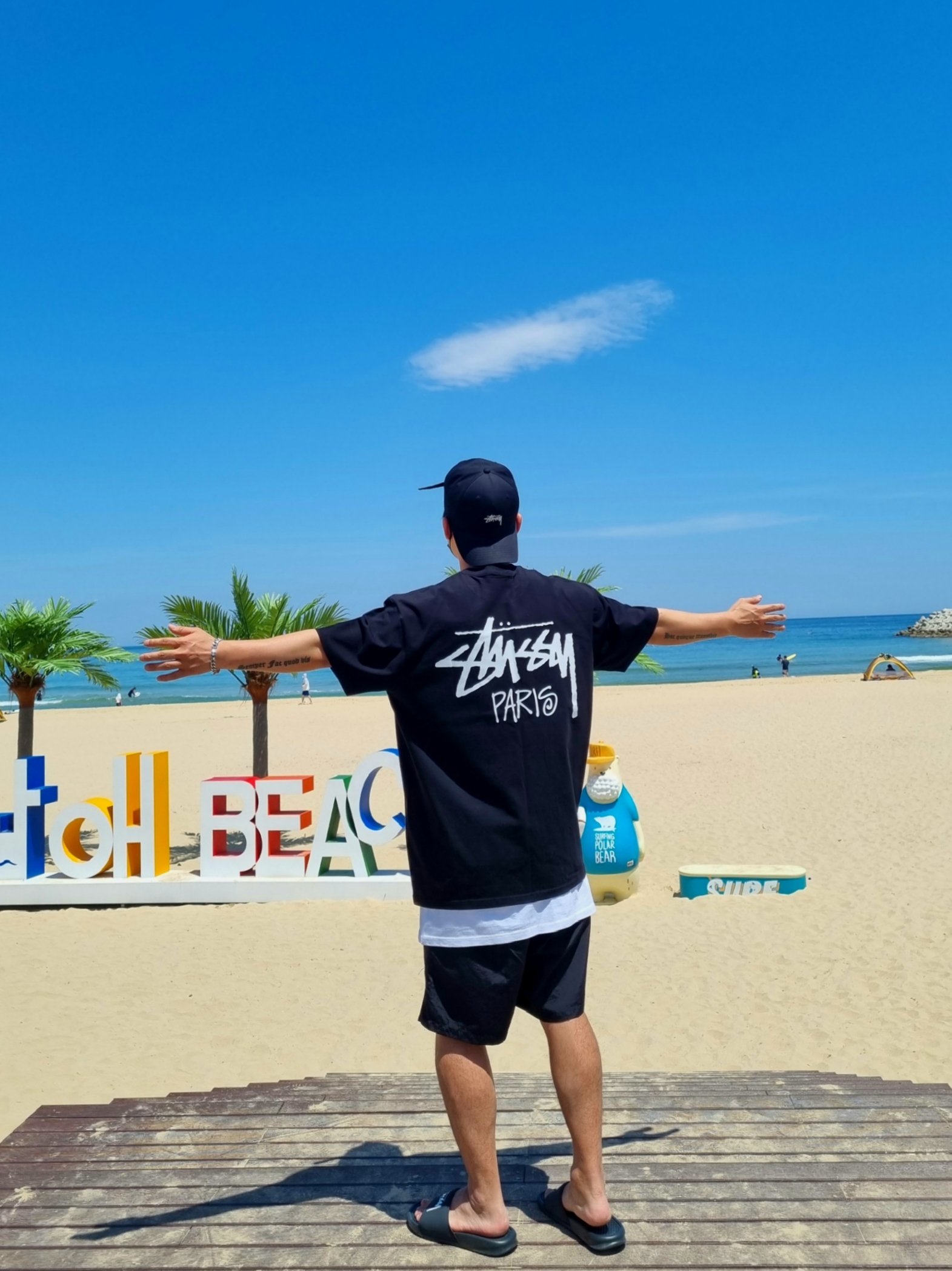 Nike x Stussy Benassi Slide Off Noir, Stussy Stock Water Shorts Black 착용 스타일