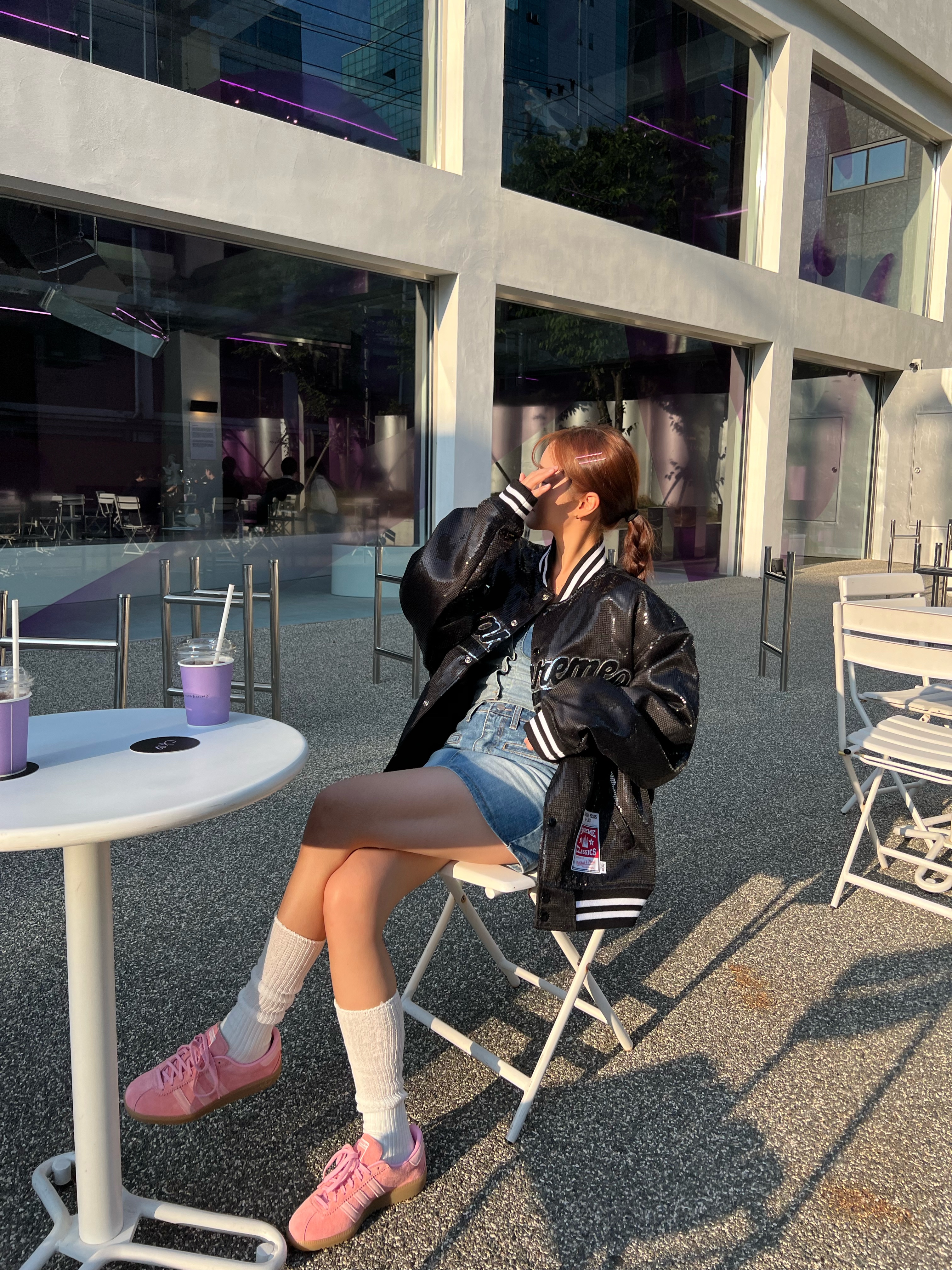 Adidas Bermuda Glow Pink, Supreme Mitchell & Ness Sequin Varsity Jacket Black - 23SS 착용 스타일 - 2