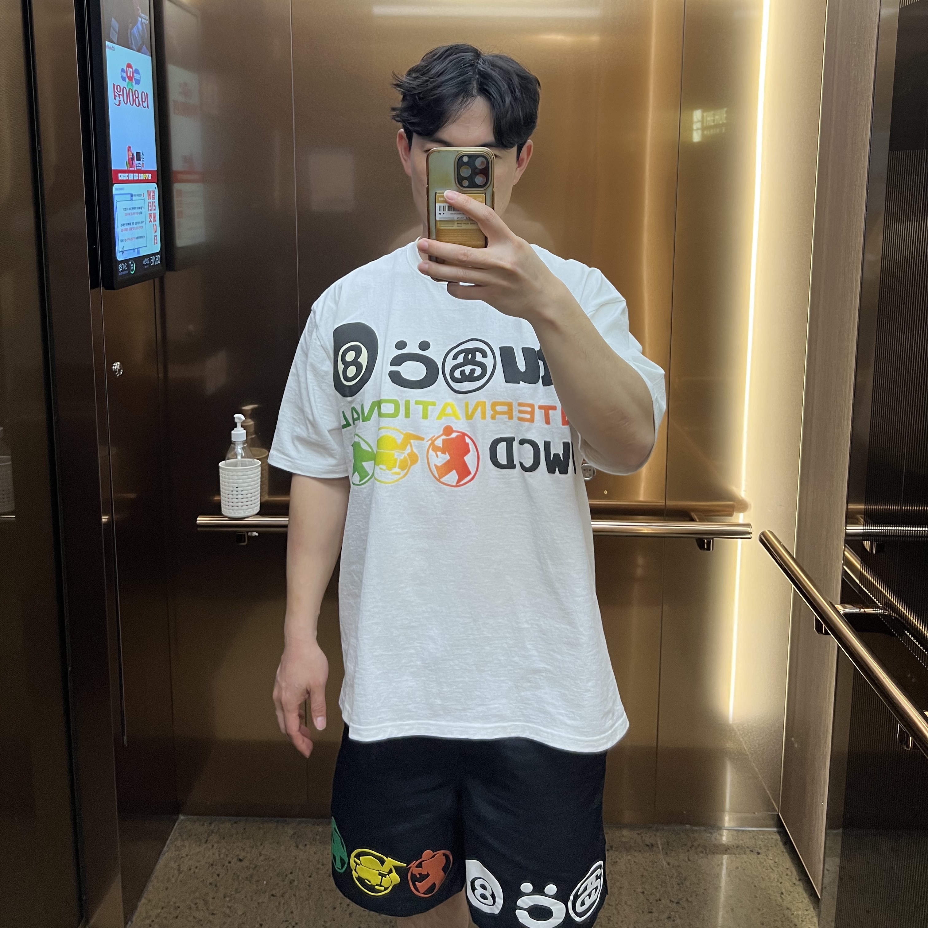 Stussy x Cactus Plant Flea Market International T-Shirt White, Stussy x Cactus Plant Flea Market Icon Water Shorts Black 착용 스타일