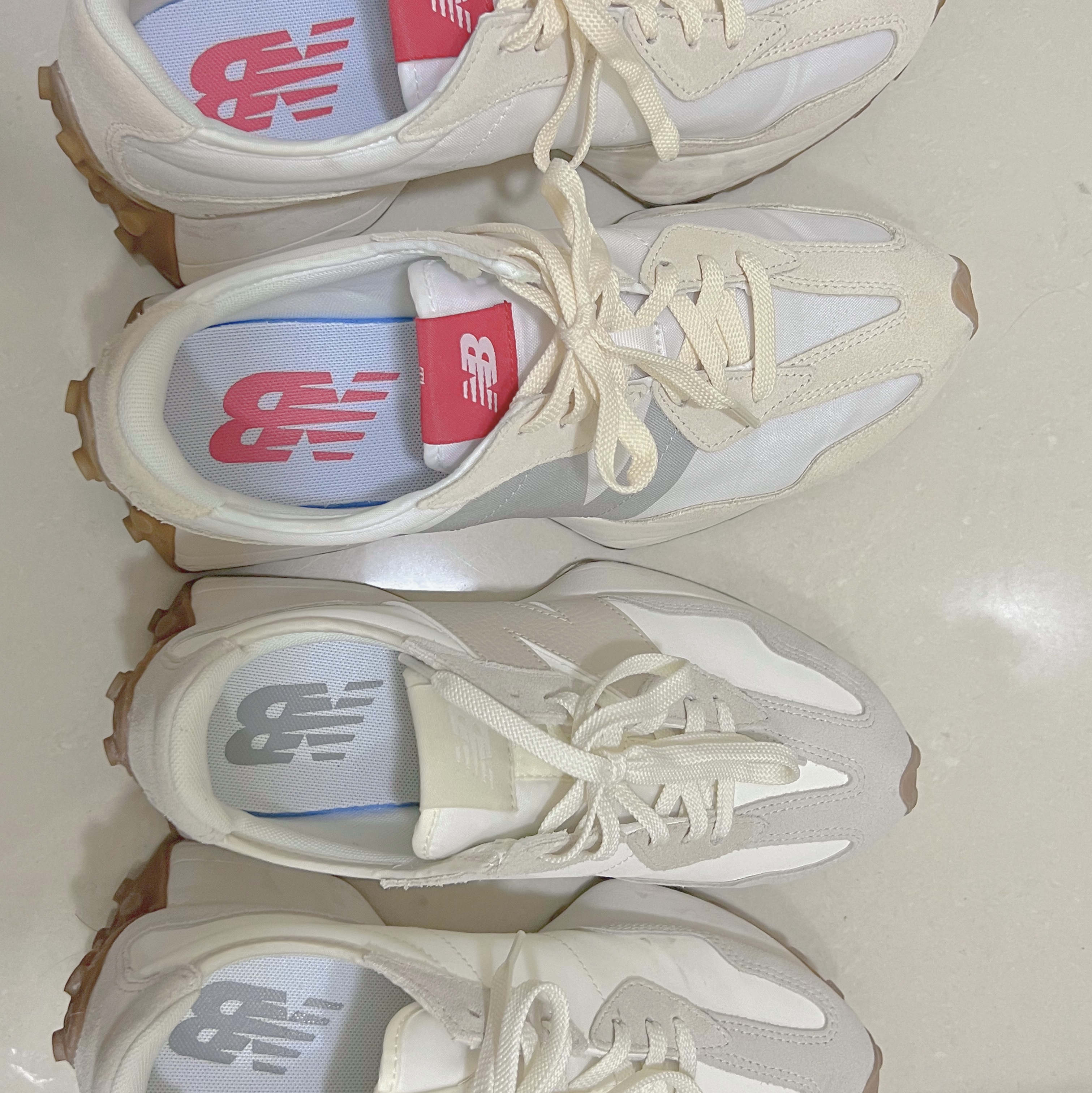 (W) New Balance 327 Moonbeam Timberwolf 착용 스타일 - 1